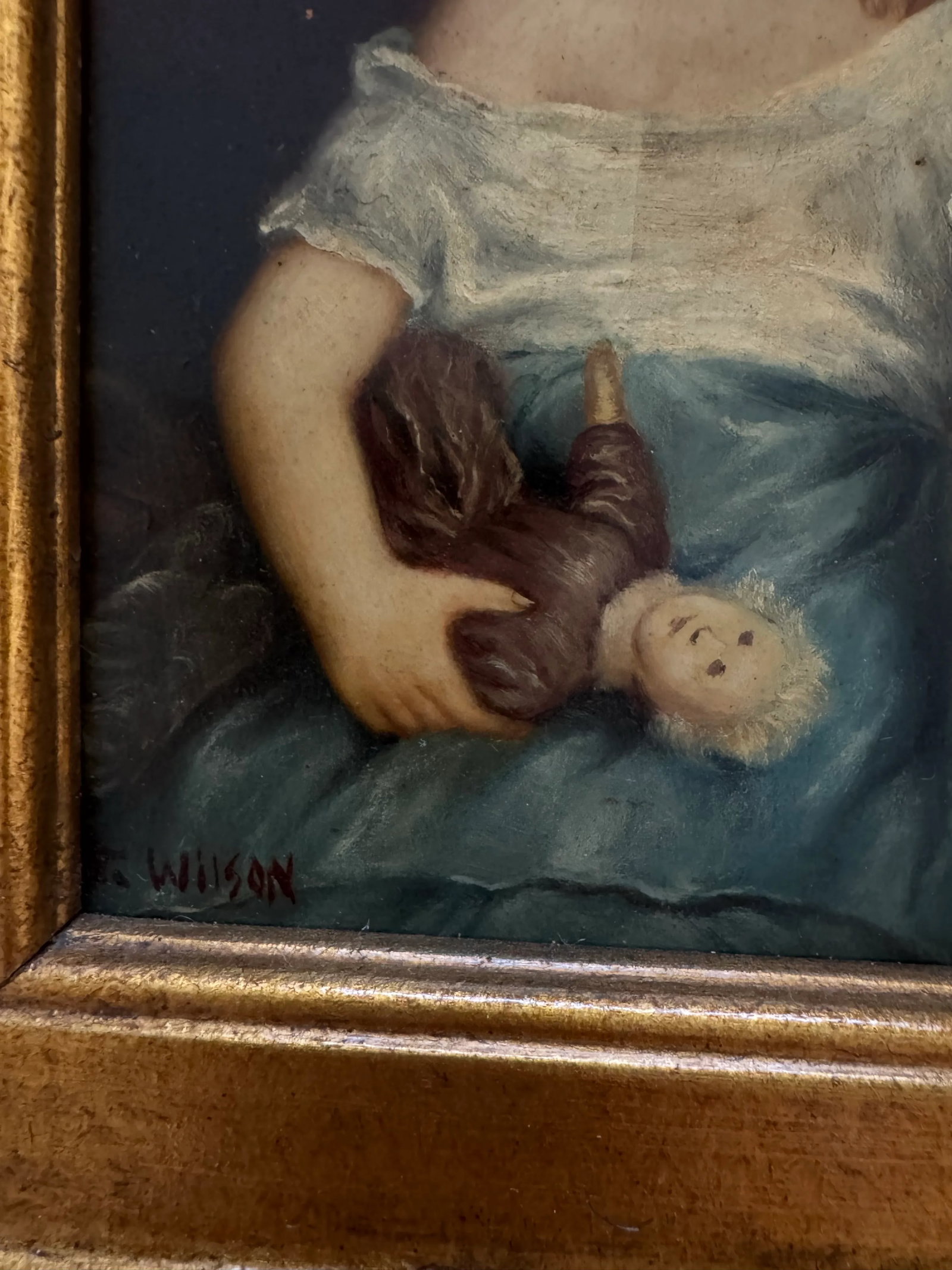 Late 19th Century Victorian-Style Portrait of a Young Girl With Doll by R. Wilson - Ornate Gilt Fram - 4