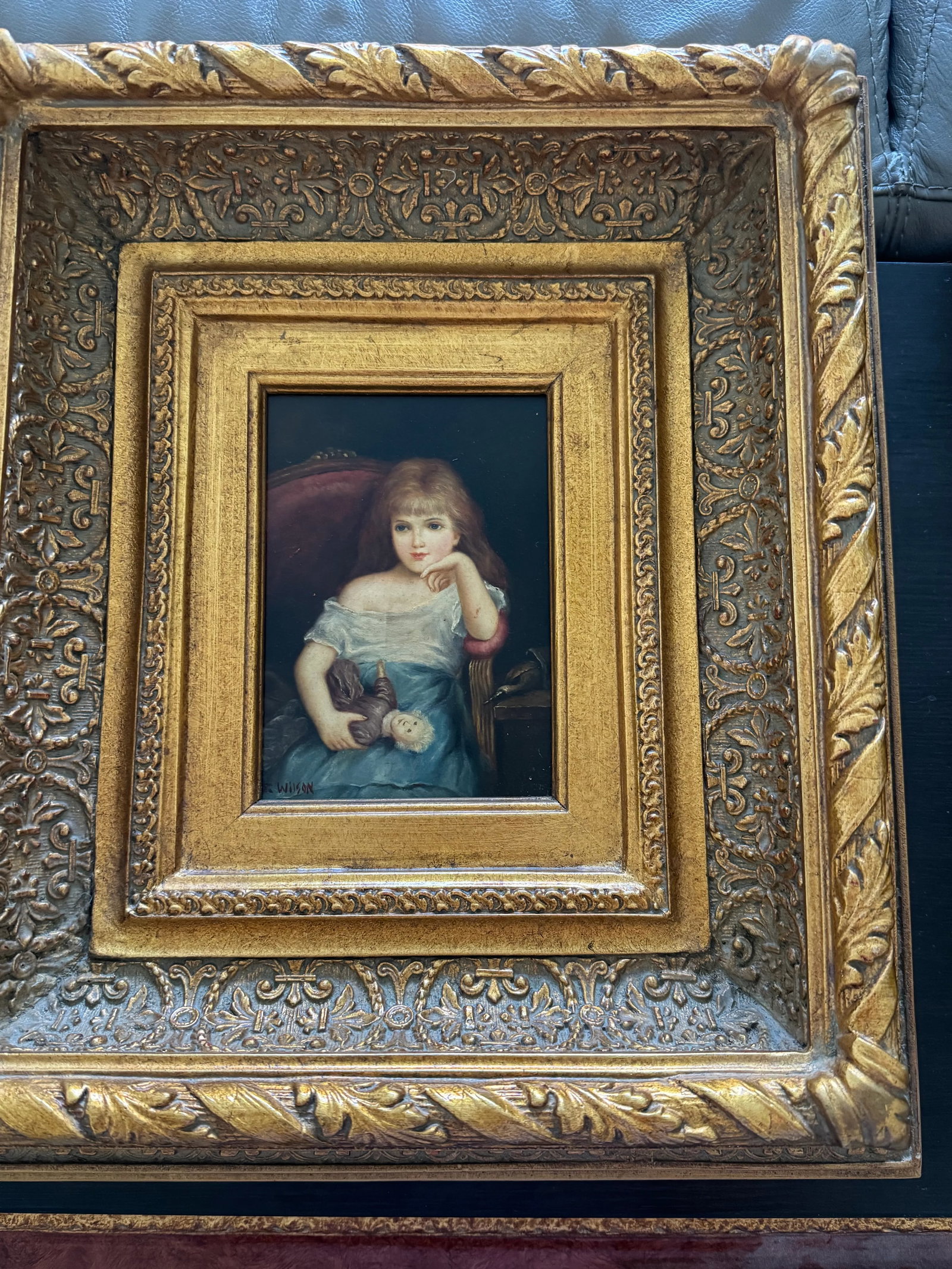 Late 19th Century Victorian-Style Portrait of a Young Girl With Doll by R. Wilson - Ornate Gilt Fram - 5