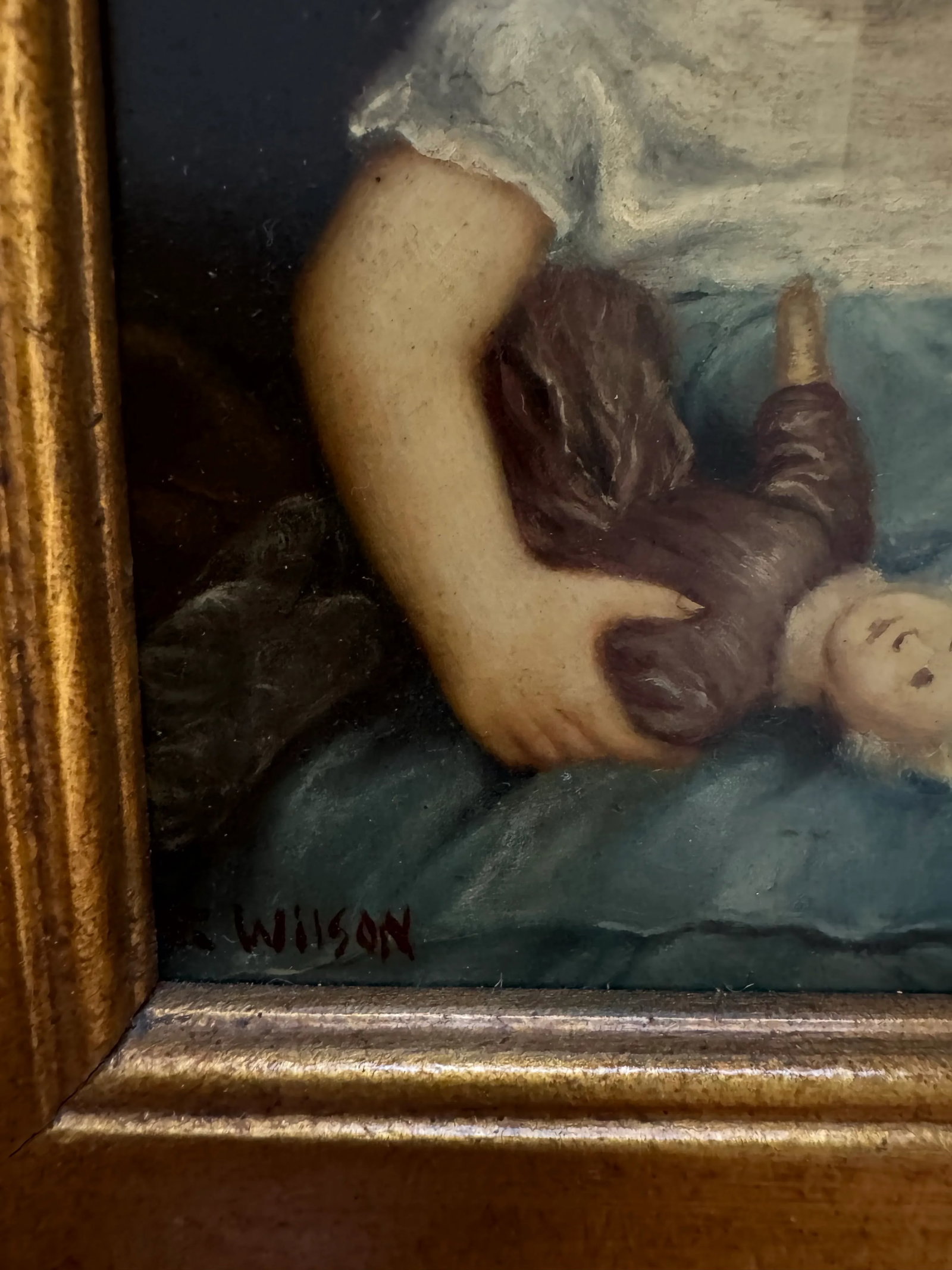 Late 19th Century Victorian-Style Portrait of a Young Girl With Doll by R. Wilson - Ornate Gilt Fram - 8
