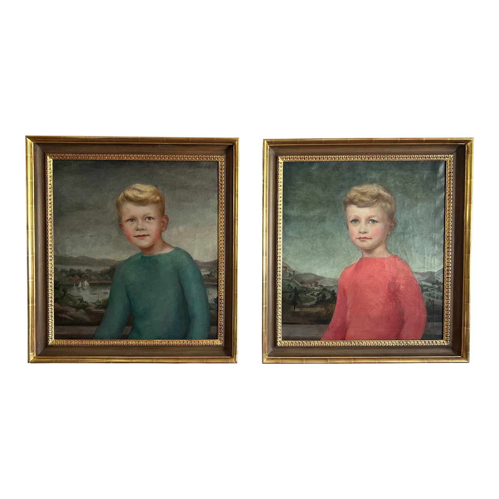 Pair of Classic Style Antique Portraits of Young Boys by American Artist Dorothy Hart Drew: Pair of classic style antique portraits, oil paint on linen, of young boys by artist Dorothy Hart Drew. Incredible pair of rare paintings. The paintings most likely are of brothers, one wearing red