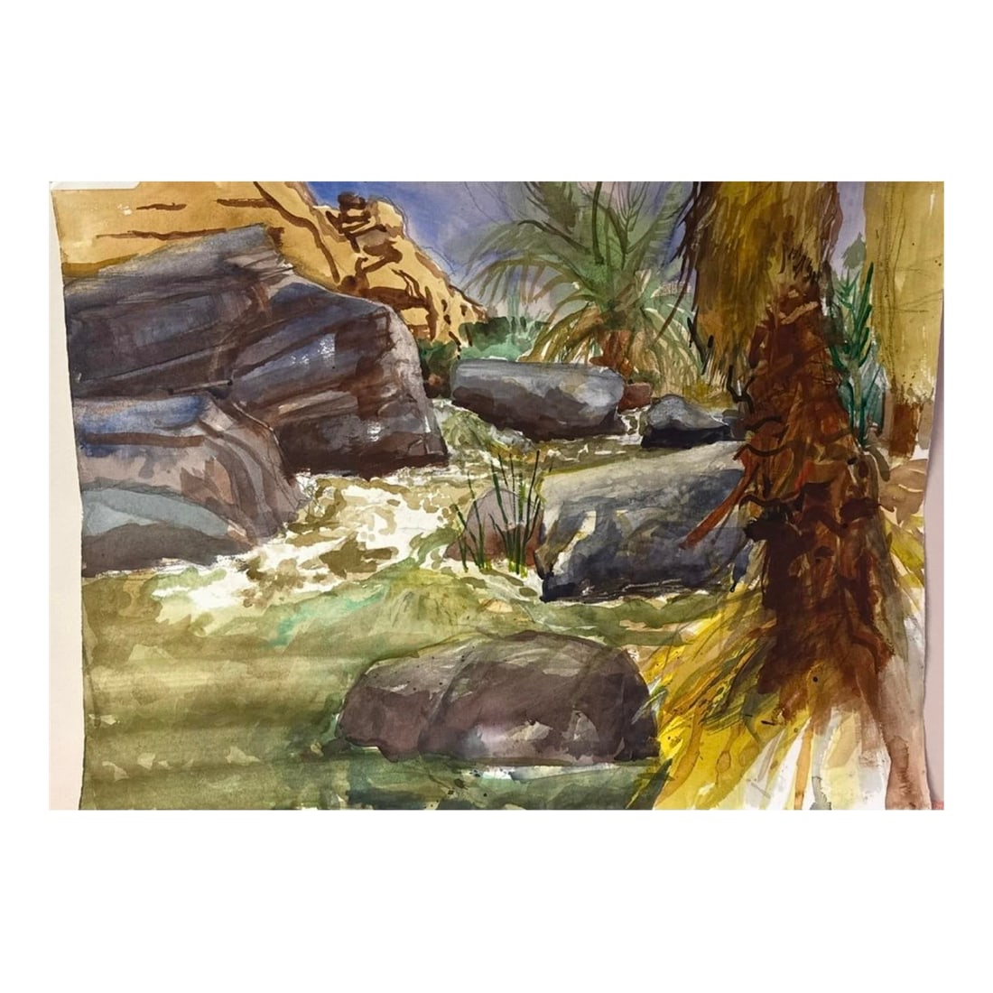 Robert R. Doty Original Watercolor: Title: Desert Oasis - Near Palm Springs Artist: Robert R. Doty (1933-2012) Medium: Original Watercolor on Paper Dimensions: 30 x 22 Description: A vivid, one-of-a-kind watercolor capturing the