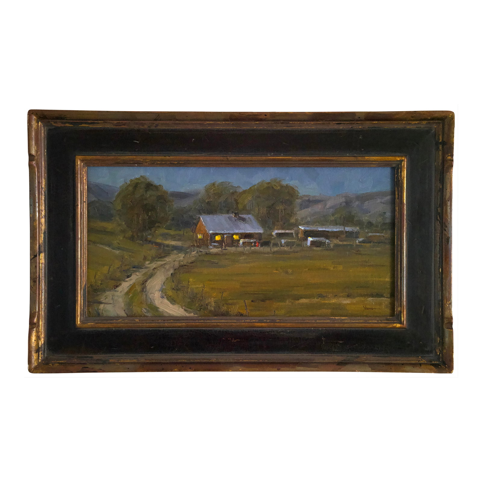 Framed Dan Young Oil Painting - Nocturne Ranch Landscape Scene: The quiet beauty of the American West is expressed in this oil painting on panel by acclaimed Colorado artist Dan Young. Known for his impressionistic landscapes and atmospheric light, Young captures 