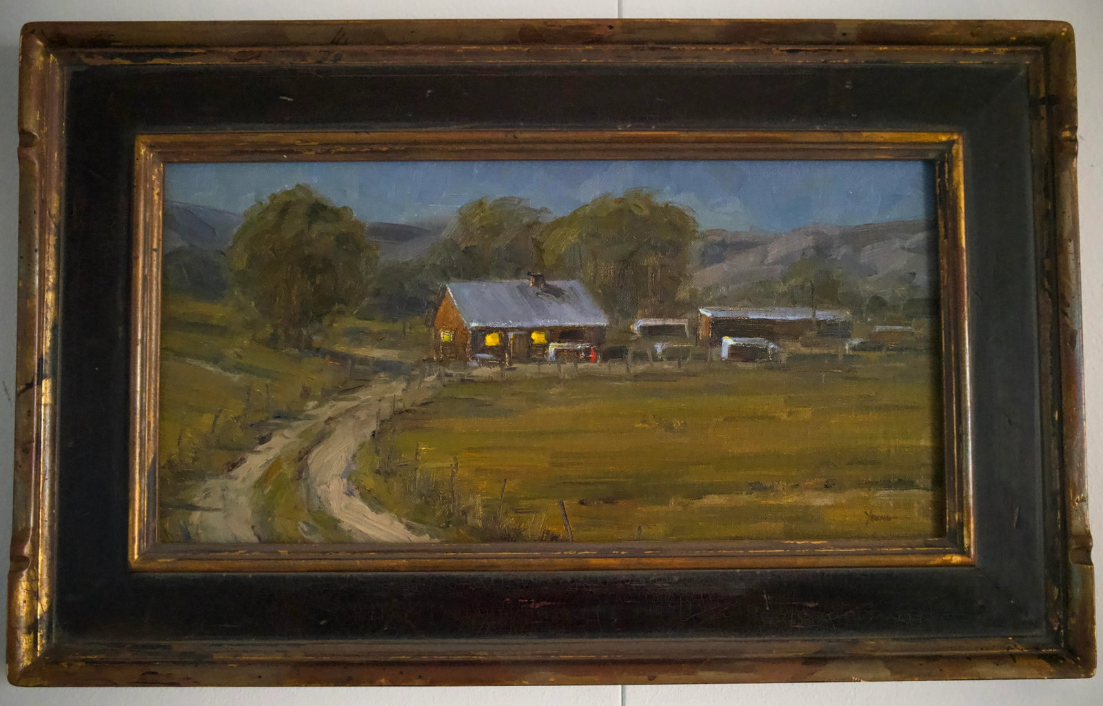Framed Dan Young Oil Painting - Nocturne Ranch Landscape Scene - 2