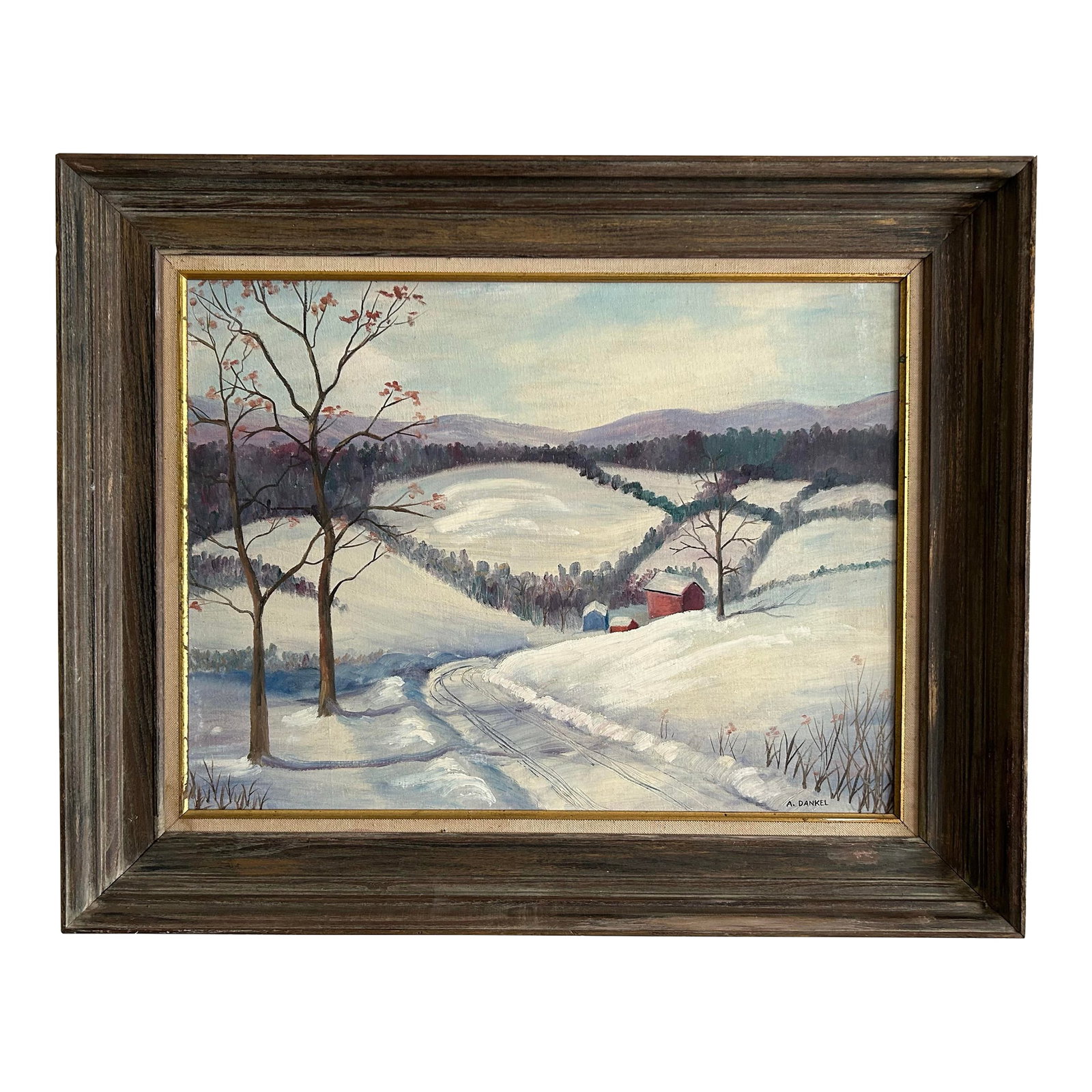 Vintage Impressionist Snowy Farm Landscape Framed Oil Painting: Vintage snowy farm landscape oil painting. In vintage wood frame, painted on 18 x 24" canvas panel. Signed 'A. Dankel' to the lower right corner. Condition: Alterations: Original Condition Unaltered I