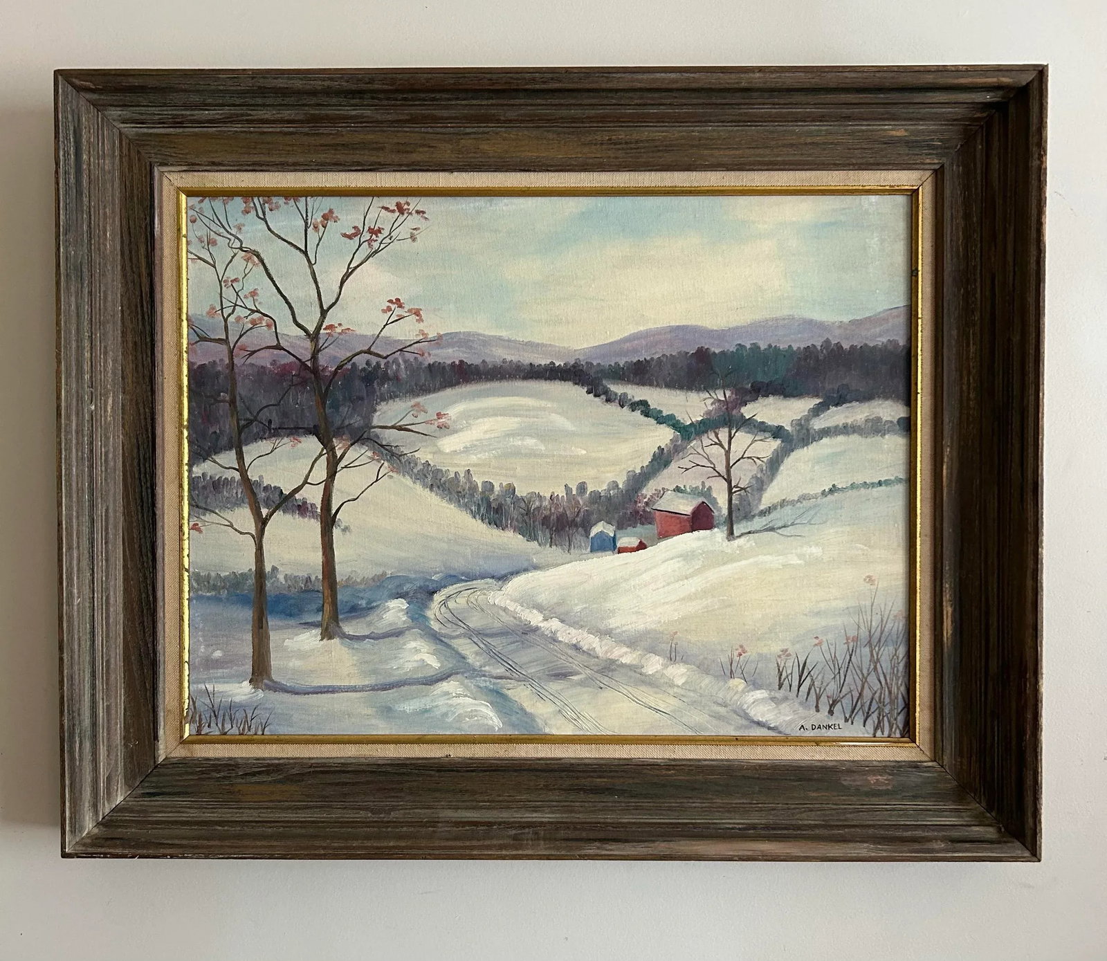 Vintage Impressionist Snowy Farm Landscape Framed Oil Painting - 2