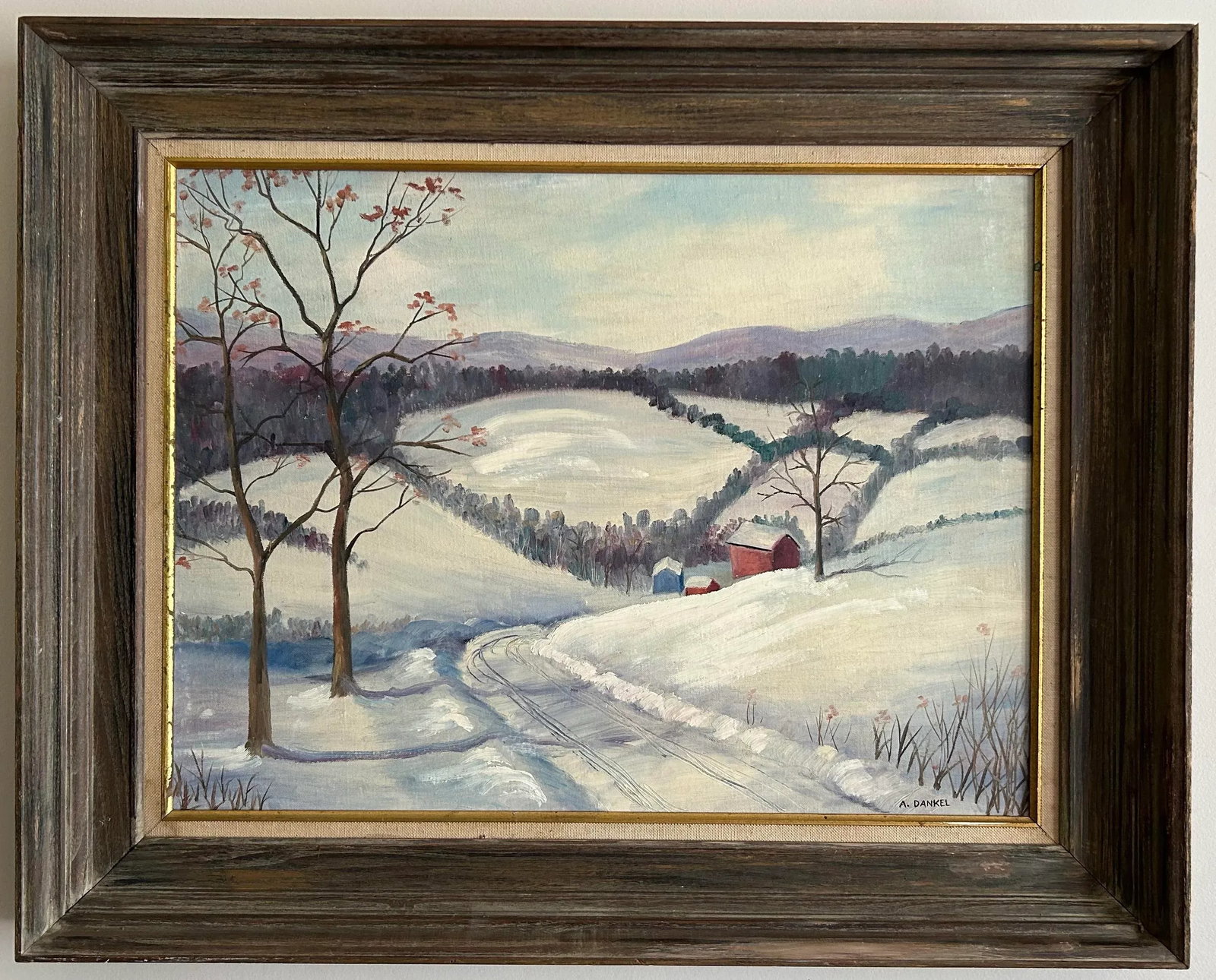 Vintage Impressionist Snowy Farm Landscape Framed Oil Painting - 3