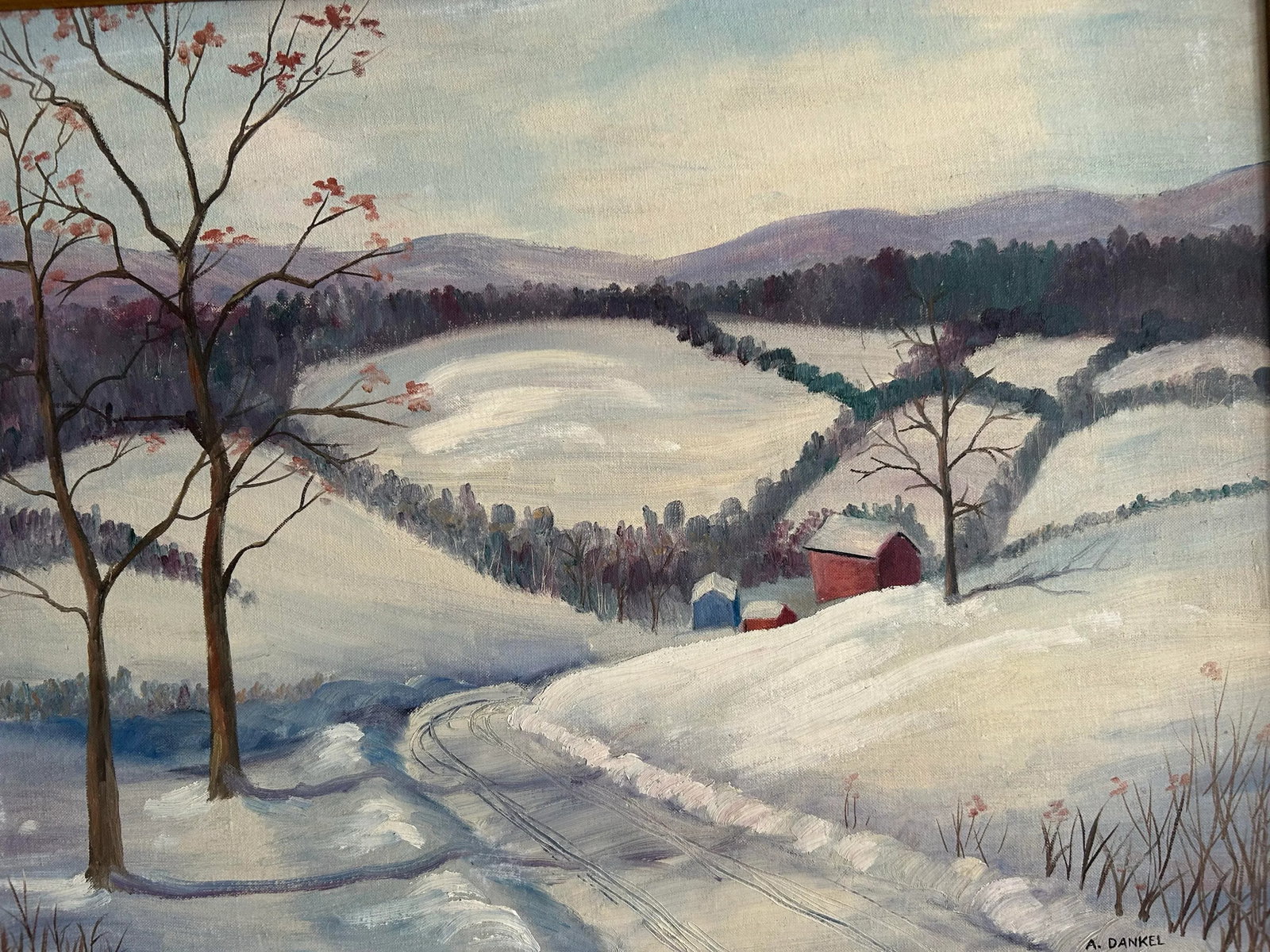 Vintage Impressionist Snowy Farm Landscape Framed Oil Painting - 4