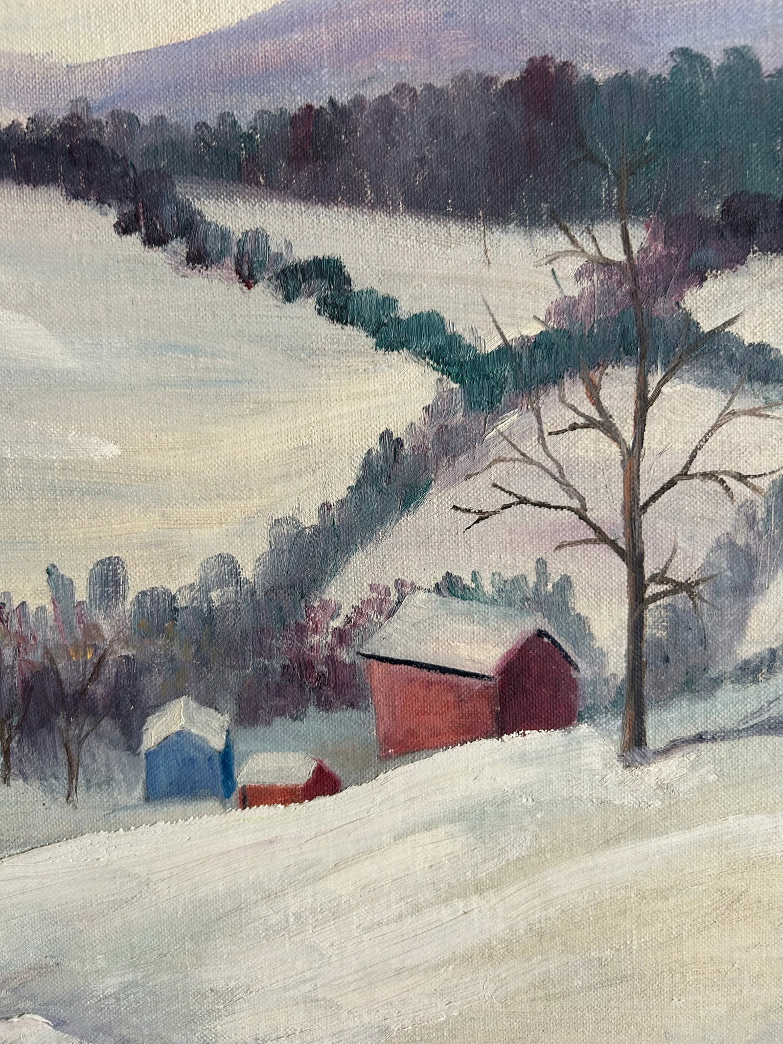 Vintage Impressionist Snowy Farm Landscape Framed Oil Painting - 5