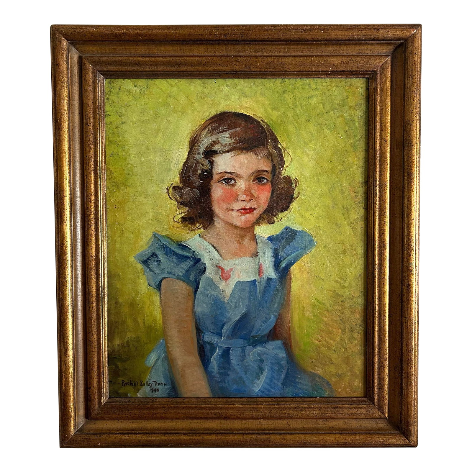 1940 Framed Portrait of a Young Girl in Blue Dress Signed 'Rachel Bulley Trump': Early 20th century, 1940, framed portrait of a young girl in a blue dress. Signed 'Rachel Bulley Trump', dated 1940, to the lower left. In vintage gold frame. Painting is done in oil paint on linen an