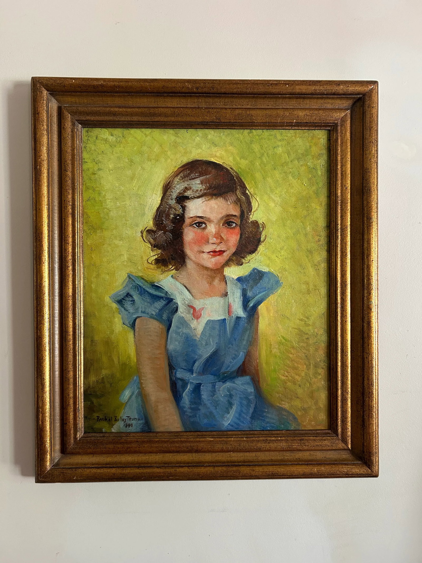1940 Framed Portrait of a Young Girl in Blue Dress Signed 'Rachel Bulley Trump' - 2