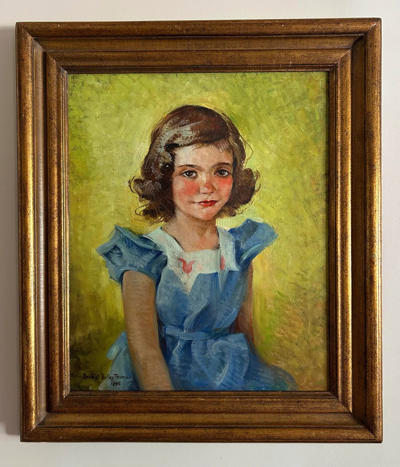 1940 Framed Portrait of a Young Girl in Blue Dress Signed 'Rachel Bulley Trump' - 3