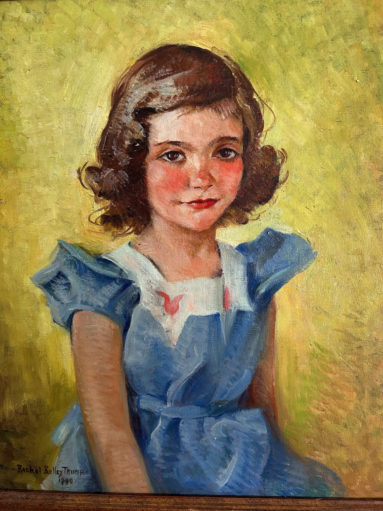 1940 Framed Portrait of a Young Girl in Blue Dress Signed 'Rachel Bulley Trump' - 4