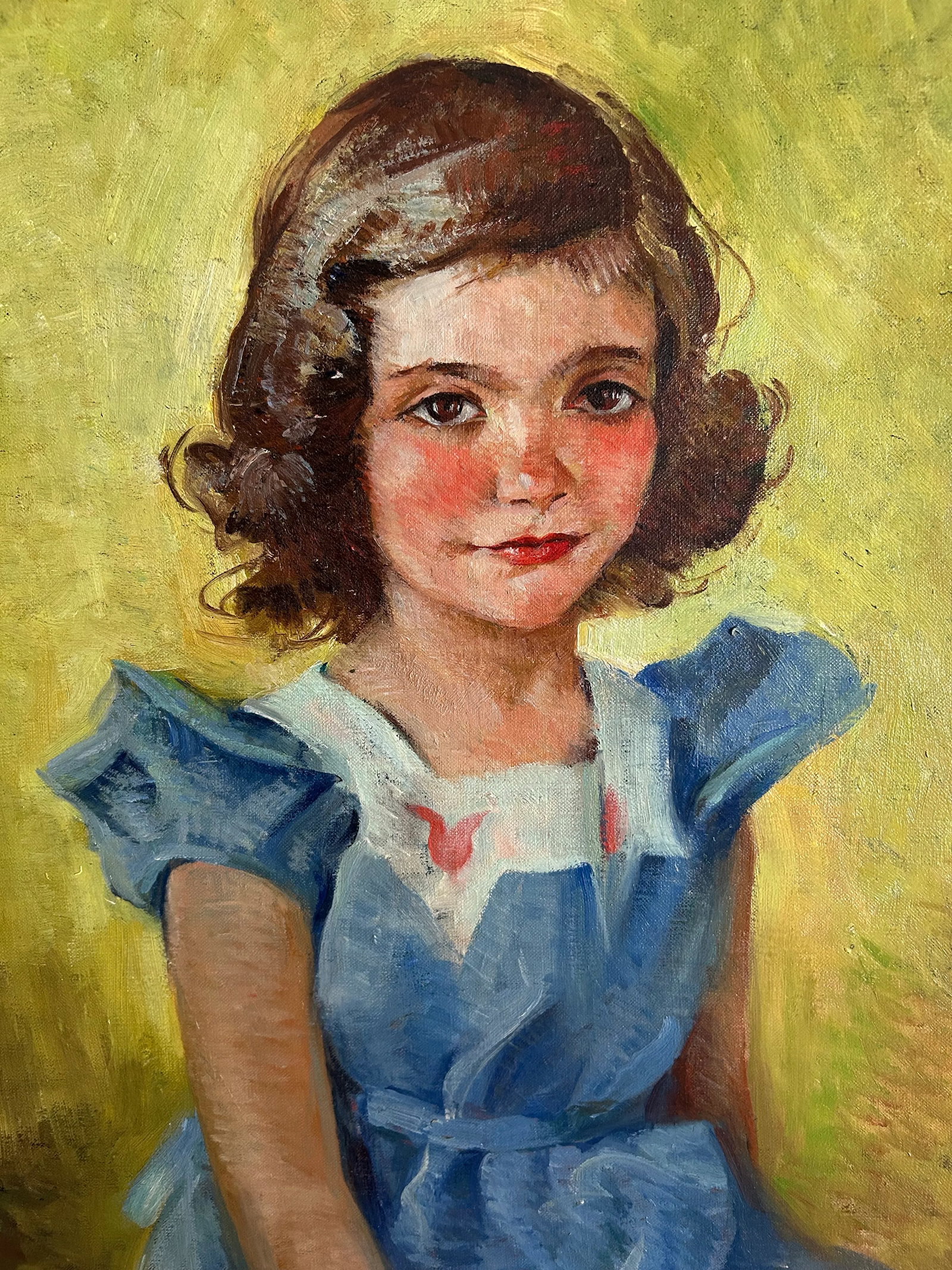 1940 Framed Portrait of a Young Girl in Blue Dress Signed 'Rachel Bulley Trump' - 5
