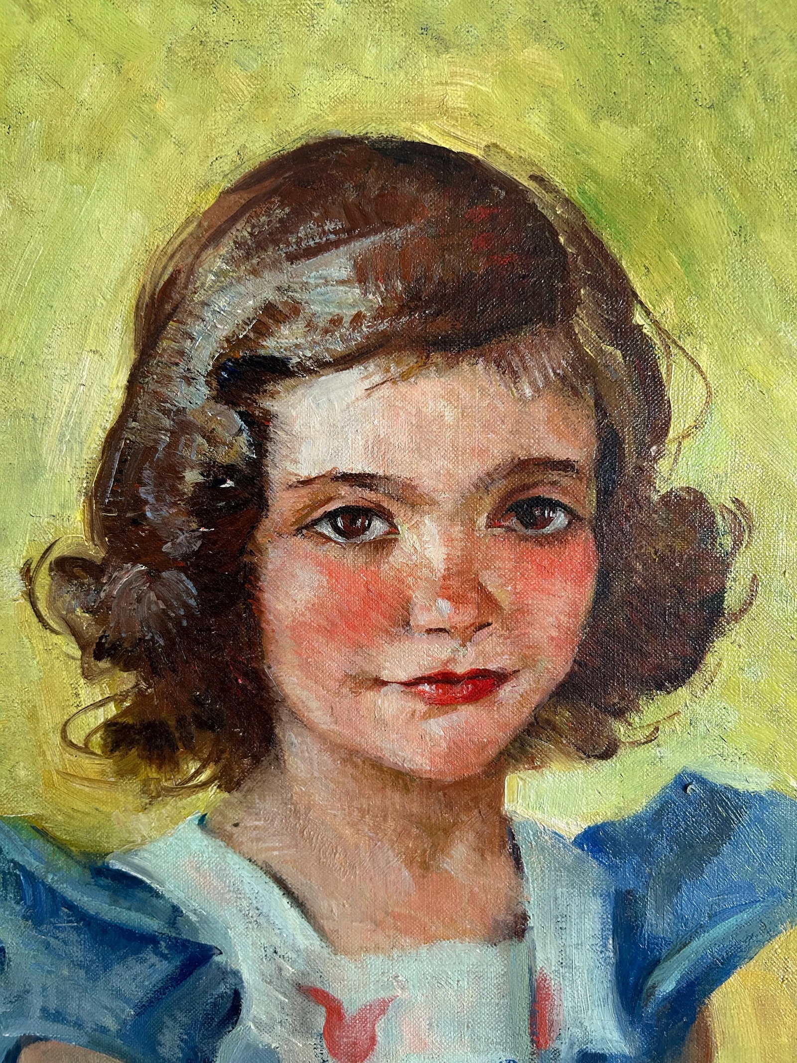 1940 Framed Portrait of a Young Girl in Blue Dress Signed 'Rachel Bulley Trump' - 6