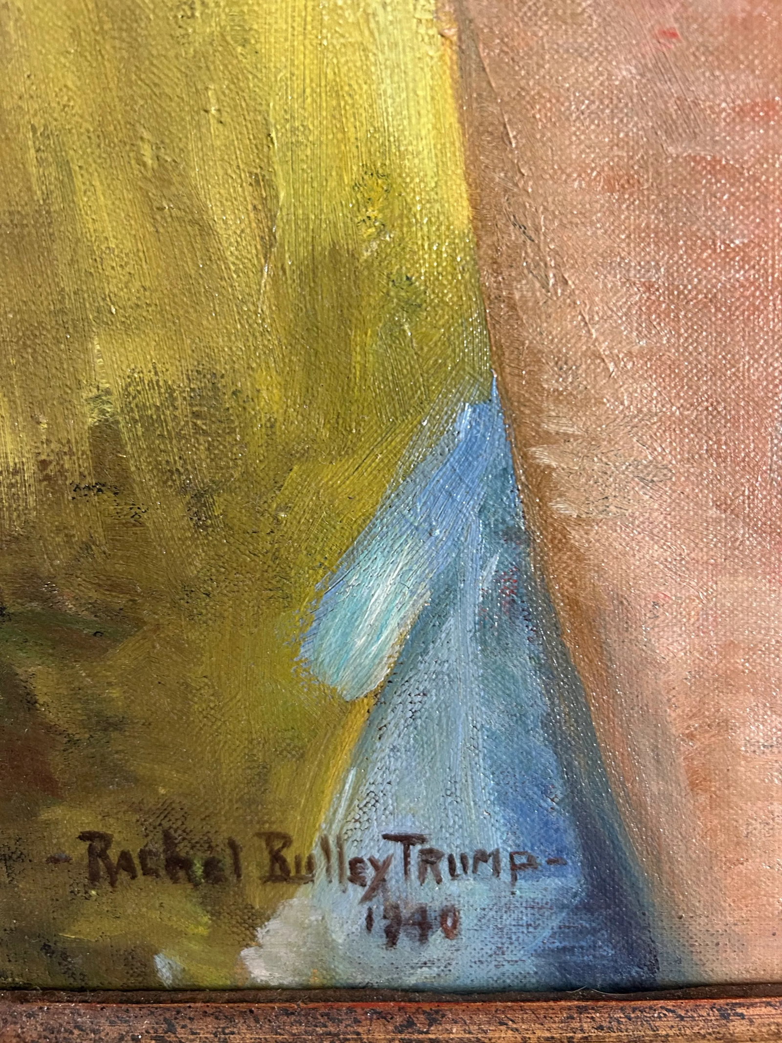 1940 Framed Portrait of a Young Girl in Blue Dress Signed 'Rachel Bulley Trump' - 7