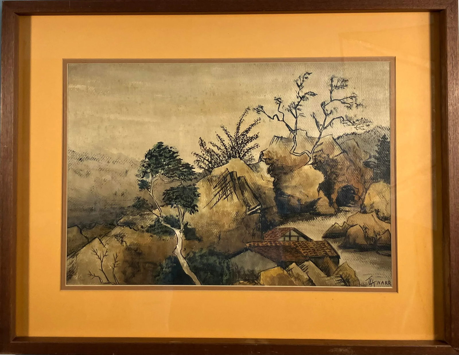 Mid-Century Hl Knorr Landscape Painting - Framed Watercolour, Rustic, Modern Farmhouse Art: Vintage landscape painting signed HL Knorr. The work depicts a rustic mountain scene with trees, rock formations, and a cottage with a red-tiled roof. Knorr's style blends detailed linework with muted