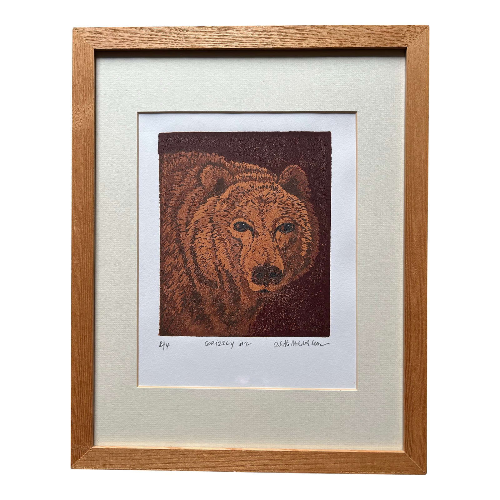 Vintage Original Framed Lithograph of Grizzly Bear: Vintage original lithograph of a grizzly bear. Pencil signed to the lower right and numbered 2/4 to the lower left. In solid wood modern frame. Condition: Alterations: Original Condition Unaltered Imp