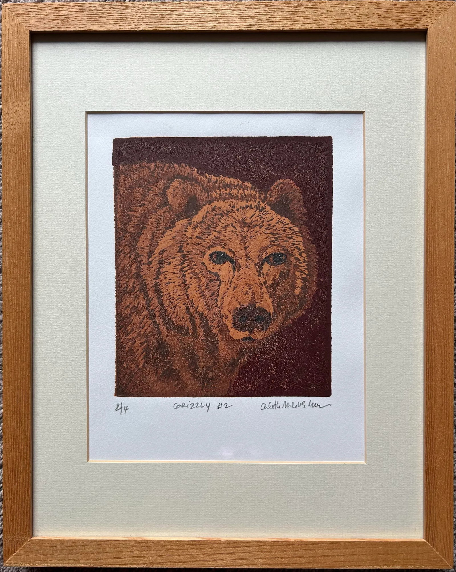 Vintage Original Framed Lithograph of Grizzly Bear - 2