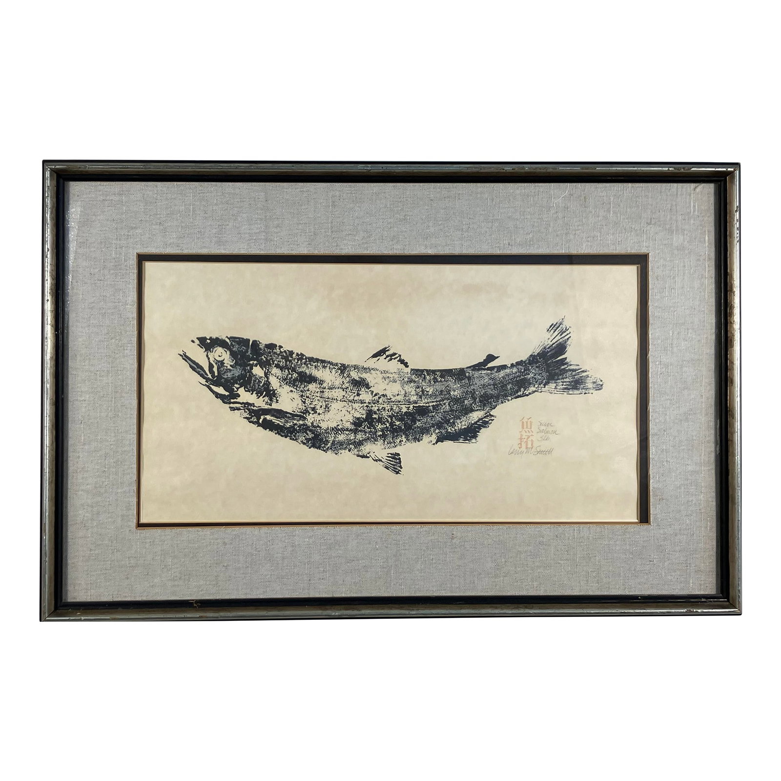Gyotaku Fish Print "Silver Salmon" by Larry M. Smith - Vintage Framed Fishing Art, Japanese, Coastal: Striking vintage gyotaku (fish print) artwork by Larry M. Smith, titled Silver Salmon. Gyotaku is the traditional Japanese method of printing from actual fish, developed in the mid-1800s as a way for