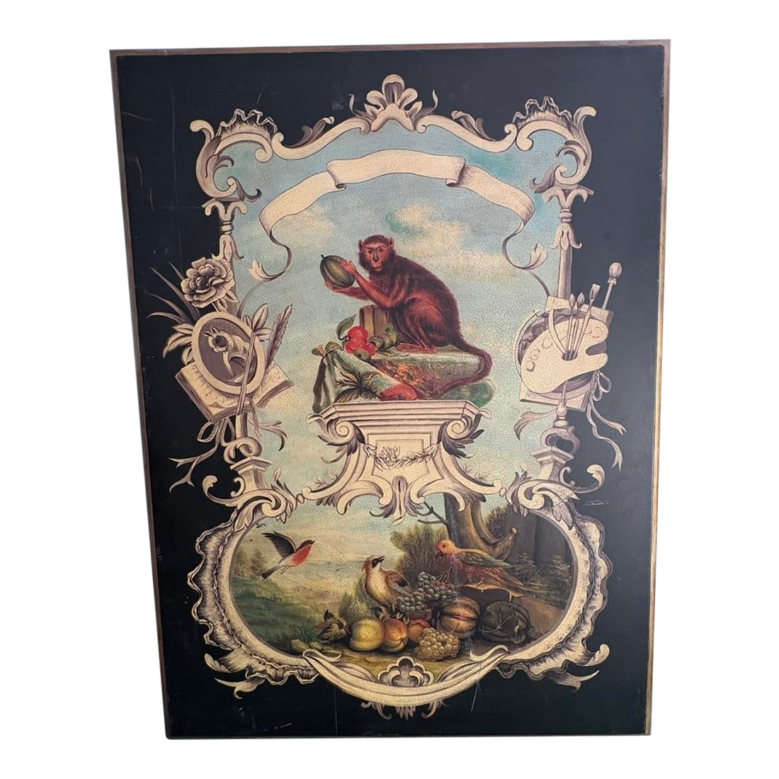 Jeanne Reed's LTD Decorative Panel of Monkey and Still Life Motif: Nice large decorative panel in chinoiserie style of monkey and still life. Intentional crackle finish and golden sprays gilt border. Has hook on back for hanging. Provenance: Distinguished Newport, Rh