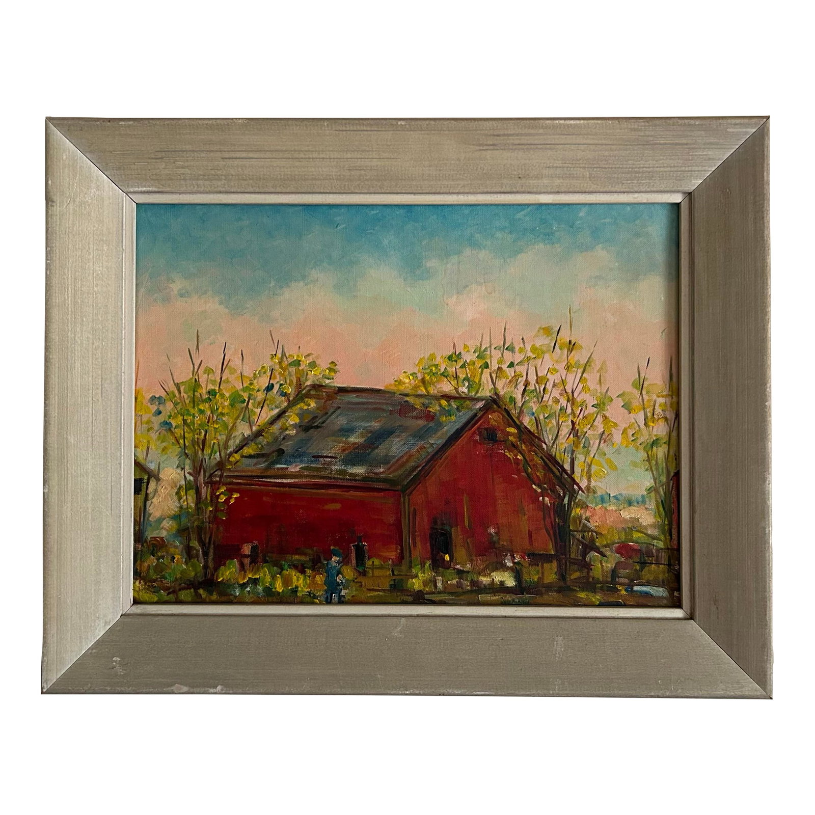 Vintage Impressionist Framed Oil Painting on Board of a Red Barn: Vintage original impressionist oil painting on canvas board. In original wood frame. No date of signature. Painting measures 12" x 16" and is 16" x 20" in the frame. Condition: Alterations: Original