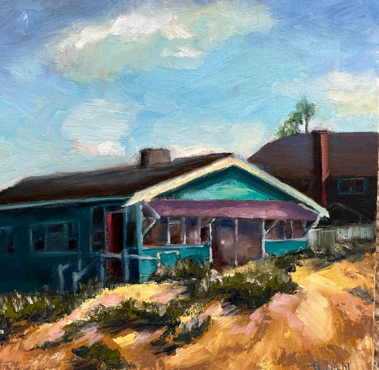 Original Fine Art Oil Paintings - Grace Diehl: This is a cottage along the Huntington Beach area. Condition: Imperfections: No Imperfections Origin: United States Materials & Techniques: Canvas, Linen, Oil Paint Details: Frame Type: Unframed