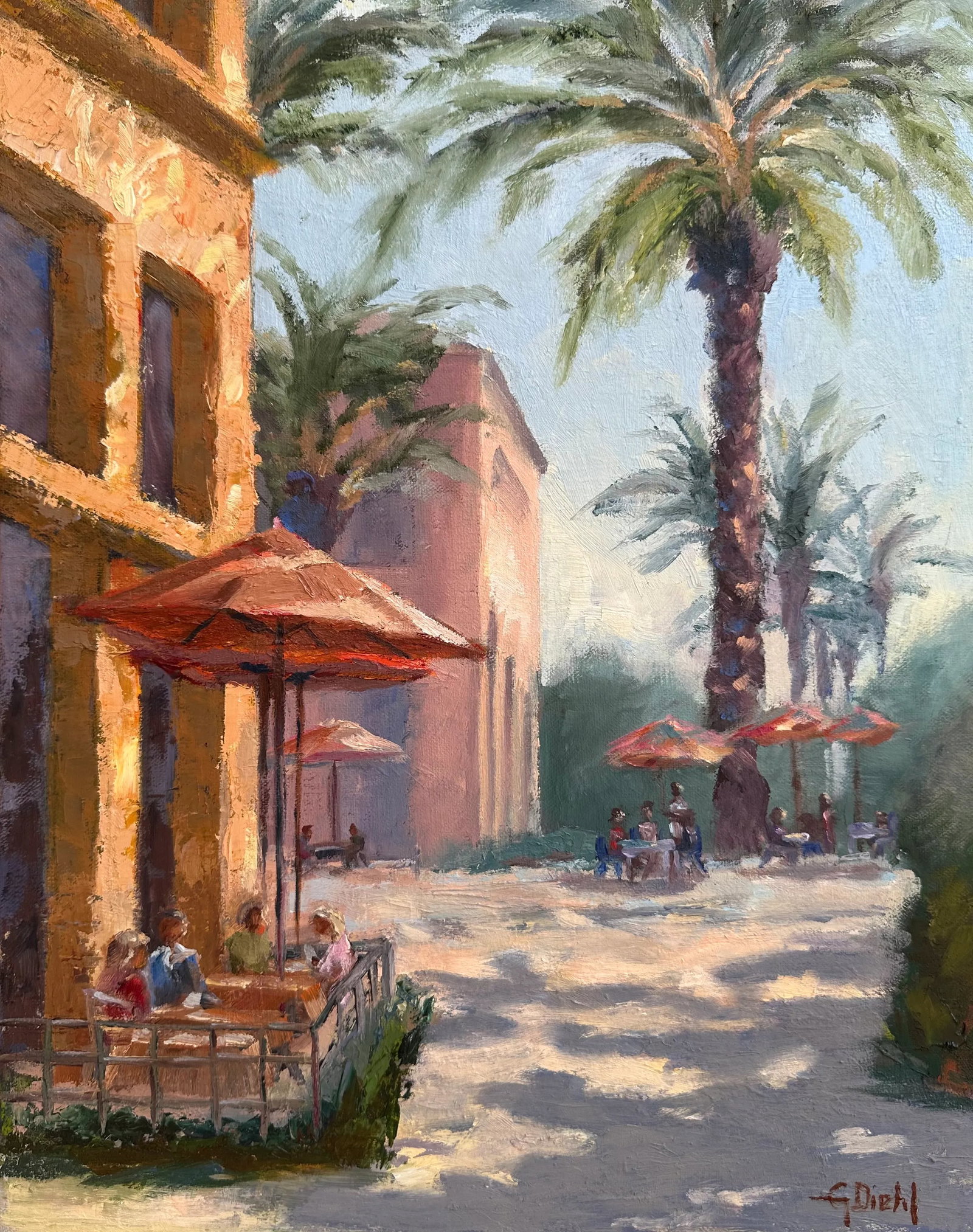 Original Oil Painting Village Square by Grace Diehl: This plein aire painting of a cafe scene in a village market encapsulates the essence of a picturesque, sun-soaked day, where the world seems to slow down, allowing the simple joys of life to take