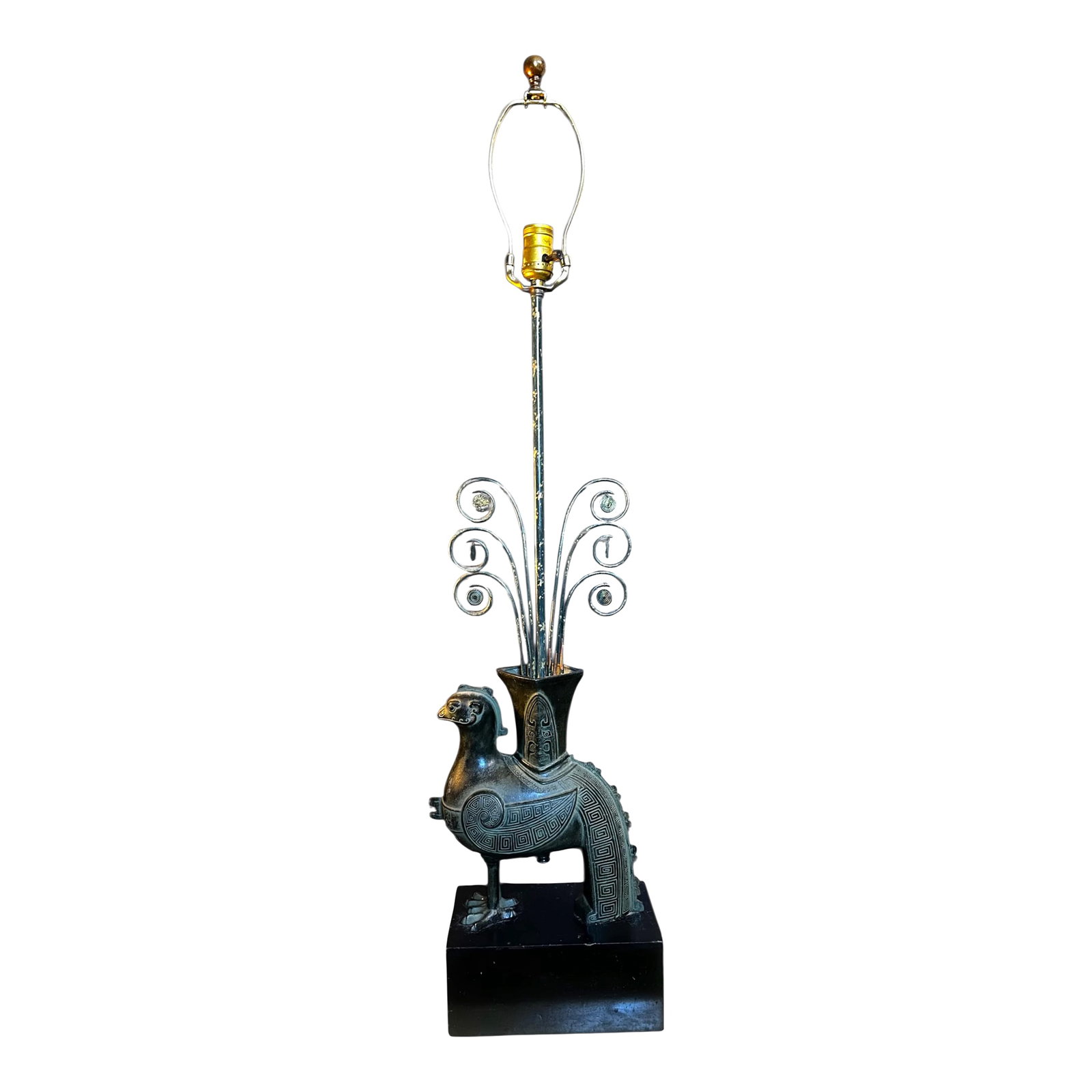 1950s William Billy Haines Chinese Bronze Style Hollywood Regency Rooster Lamp, Unmarked: Attributed to William (Billy) Haines (American 1900-1973), table lamp, circa 1950, in the form of a patinated metal Chinese bronze rooster vessel on a black base, unmarked. Does not come with a shade.