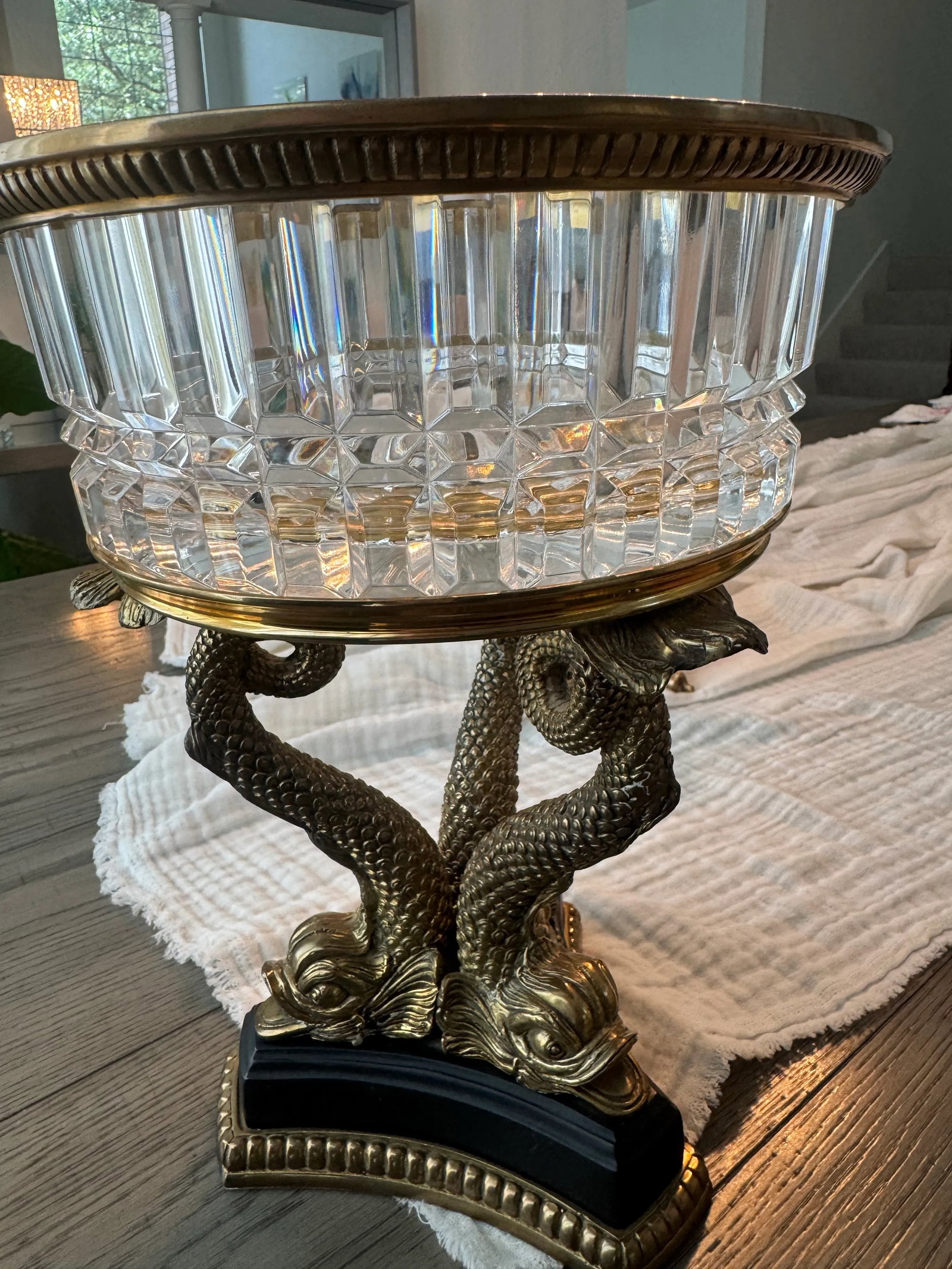 19th-Century French Empire Gilt Bronze & Cut Crystal Centerpiece Bowl - Twin Dolphin Base - 10