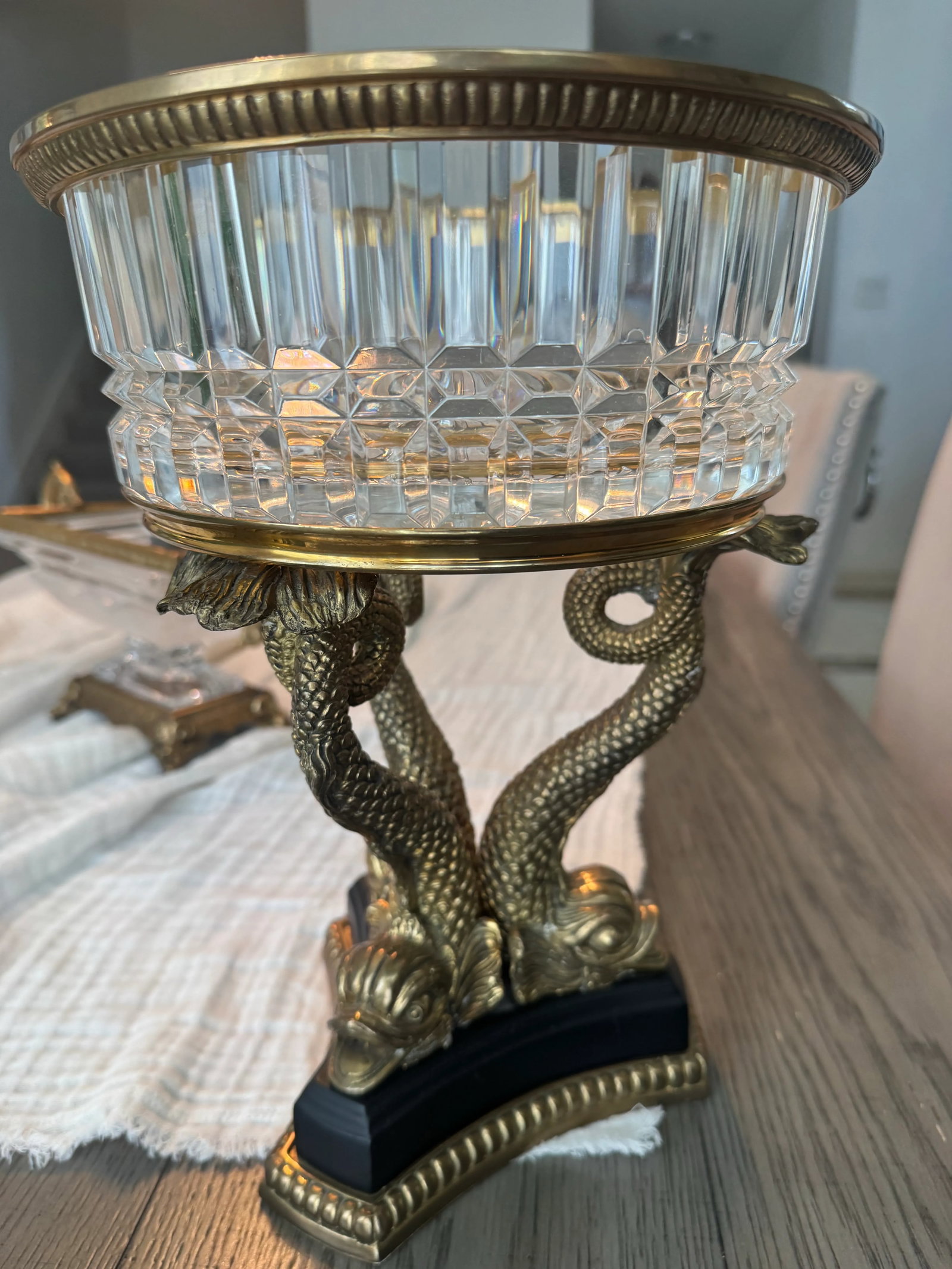 19th-Century French Empire Gilt Bronze & Cut Crystal Centerpiece Bowl - Twin Dolphin Base - 3