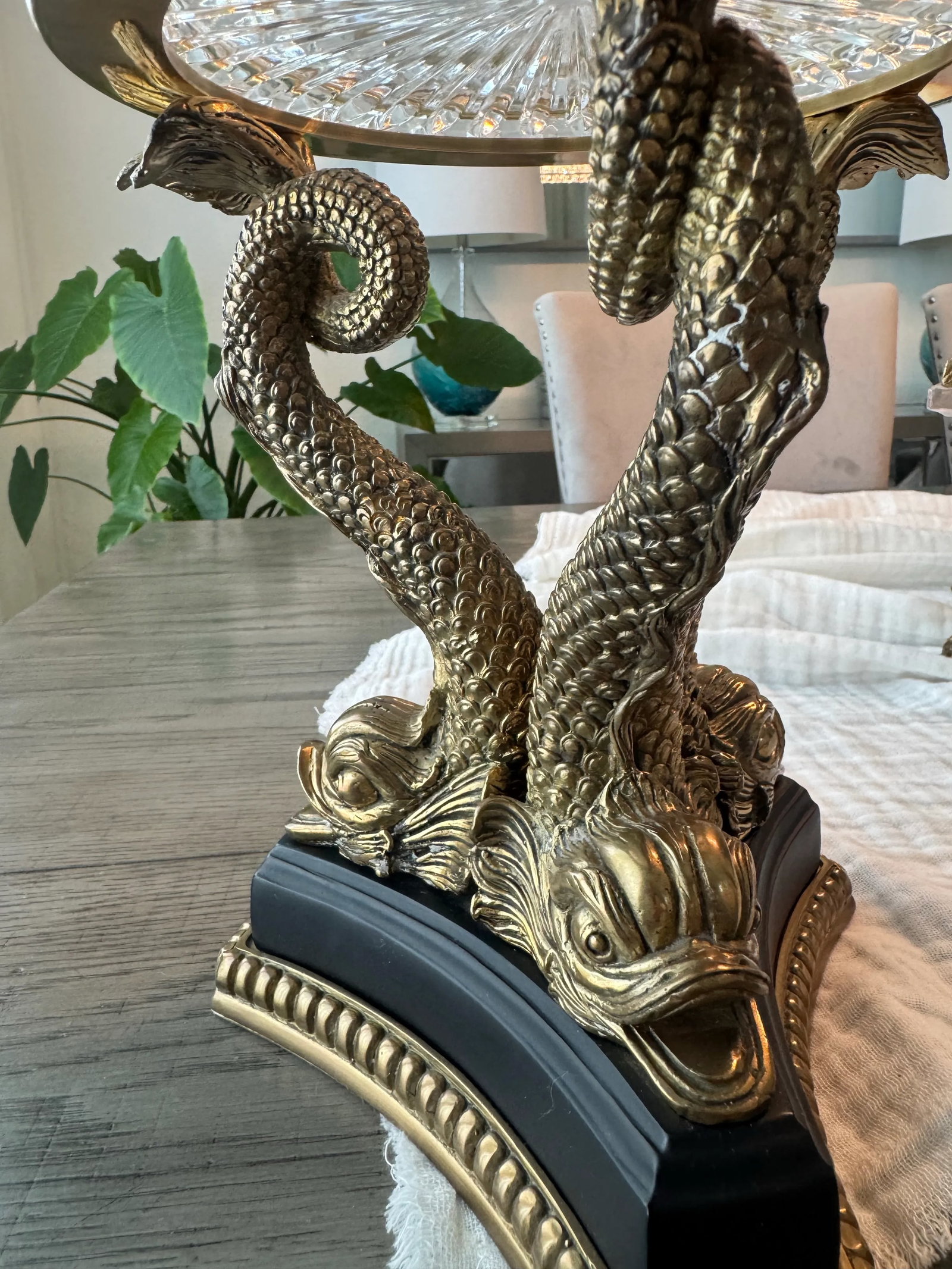 19th-Century French Empire Gilt Bronze & Cut Crystal Centerpiece Bowl - Twin Dolphin Base - 4