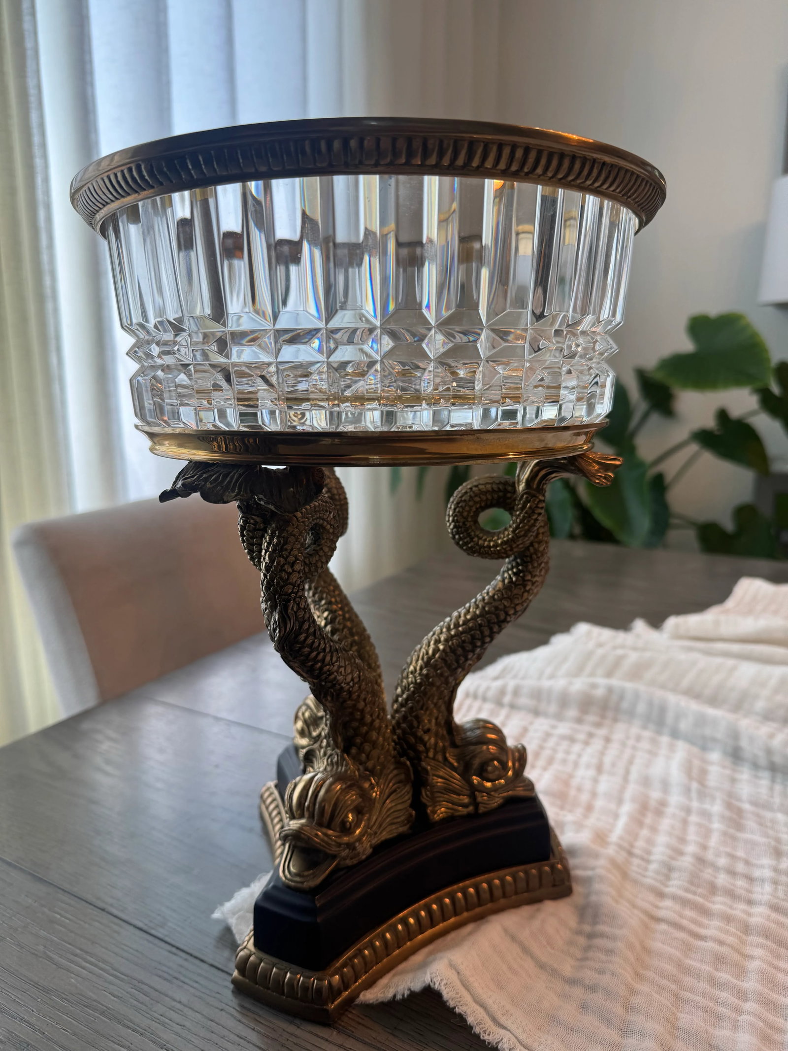 19th-Century French Empire Gilt Bronze & Cut Crystal Centerpiece Bowl - Twin Dolphin Base - 5
