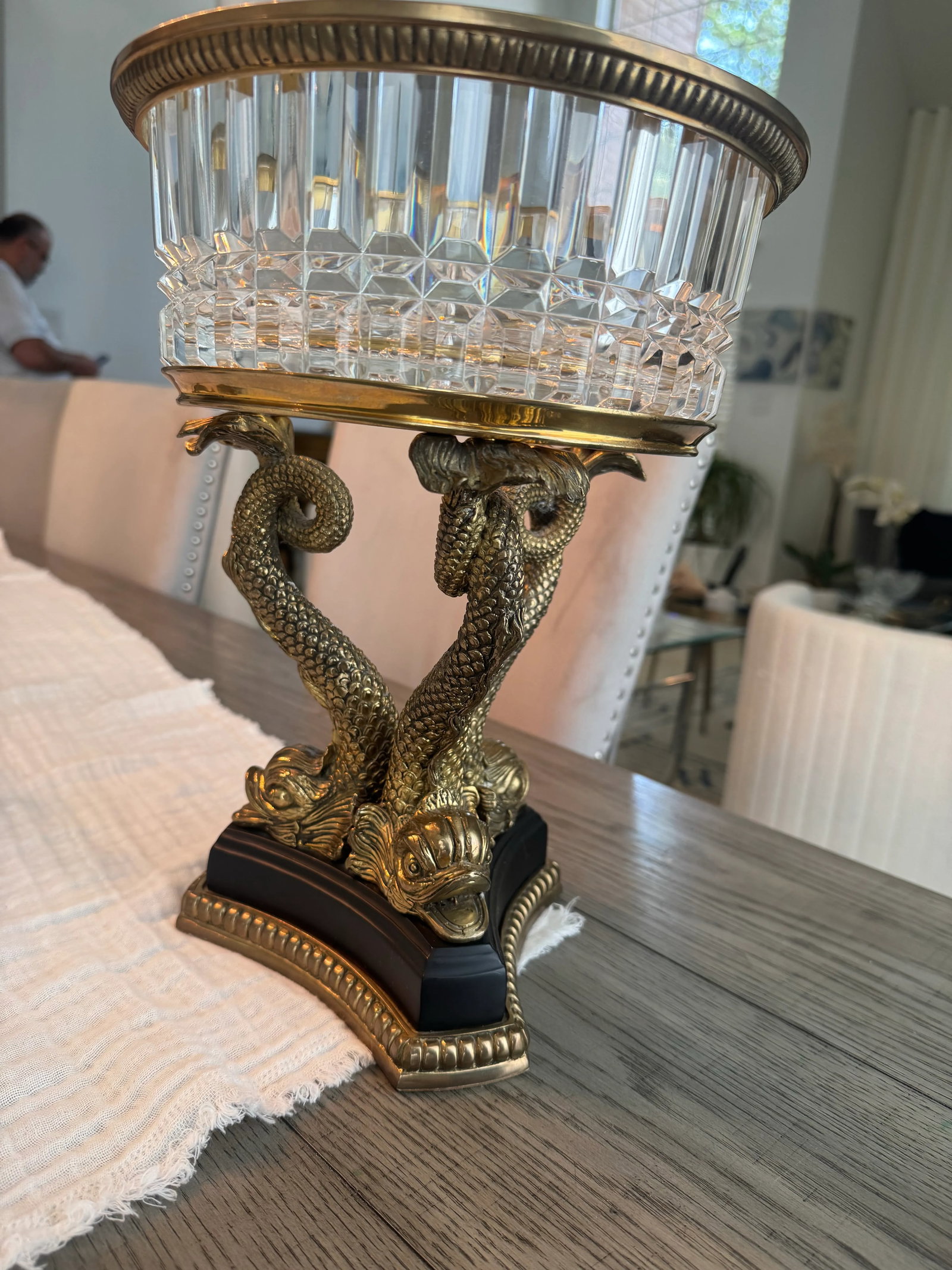 19th-Century French Empire Gilt Bronze & Cut Crystal Centerpiece Bowl - Twin Dolphin Base - 6