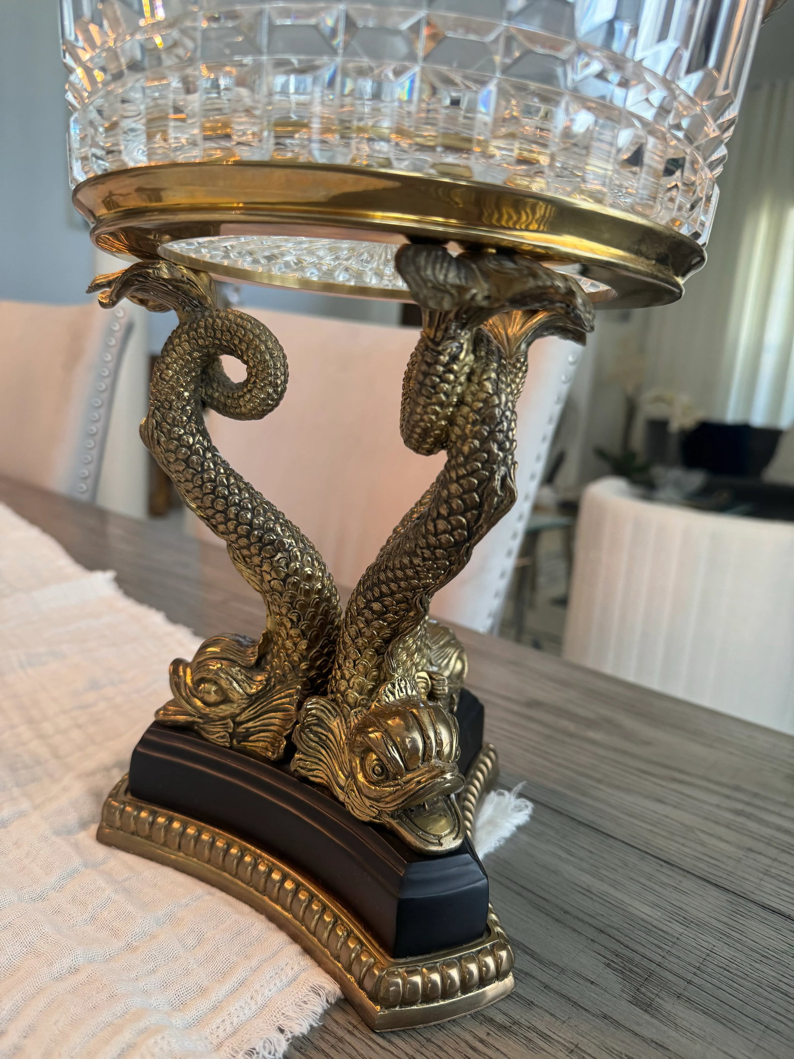19th-Century French Empire Gilt Bronze & Cut Crystal Centerpiece Bowl - Twin Dolphin Base - 7