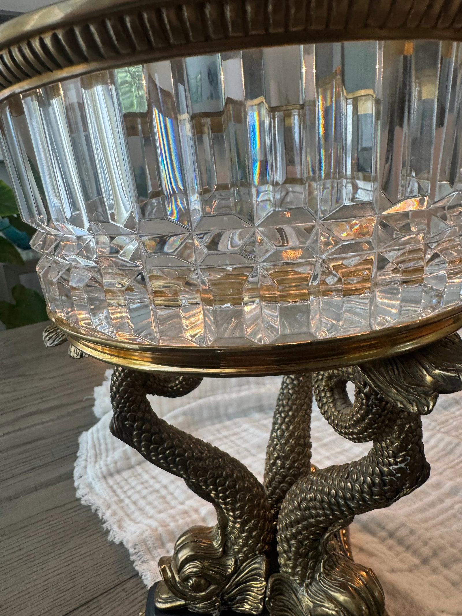 19th-Century French Empire Gilt Bronze & Cut Crystal Centerpiece Bowl - Twin Dolphin Base - 9