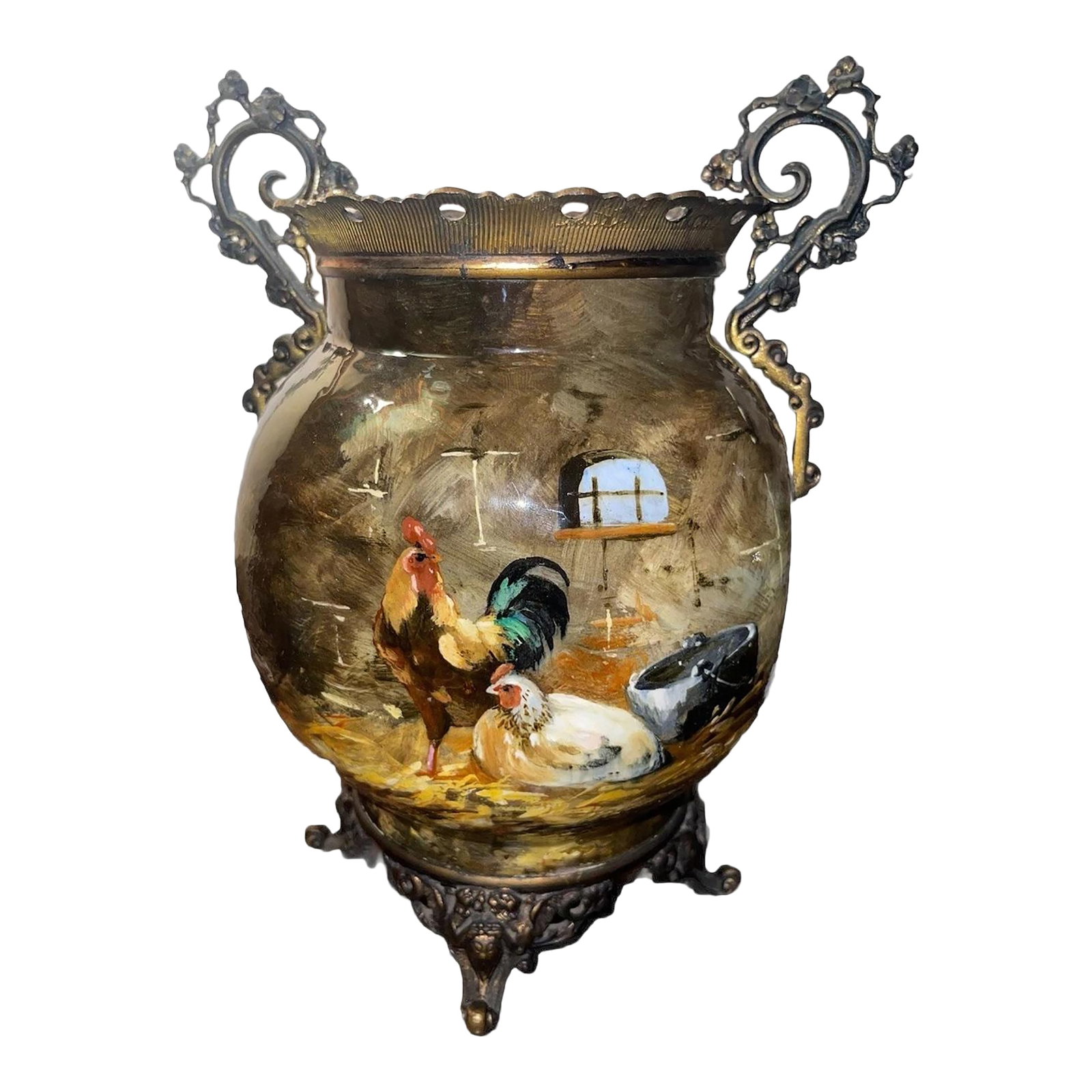 19th Century French Barbotine Majolica Vase by Theodore Lefront and E. Nouviant, With Ormolu Mounts: A FRENCH ORMOLU-MOUNTED MAJOLICA VASE Theodore Lefront (Potter/Studio Director, Montigny-sur-Loing, France) Painted by E. Nouviant (Decorator) 19th Century Ca. 1880. Of baluster form with concave