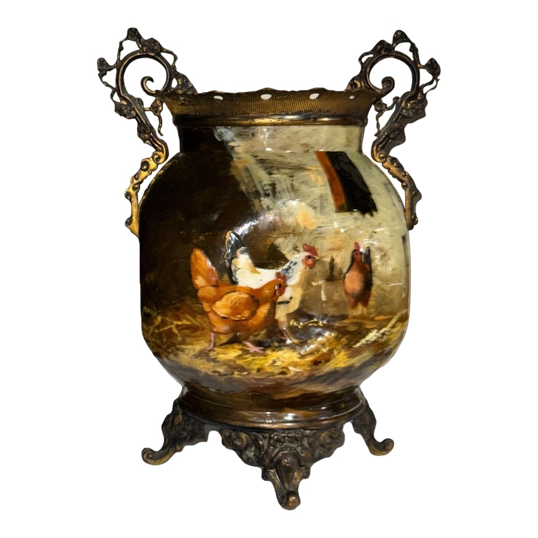 19th Century French Barbotine Majolica Vase by Theodore Lefront and E. Nouviant, With Ormolu Mounts: A FRENCH ORMOLU-MOUNTED MAJOLICA VASE Theodore Lefront (Potter/Studio Director, Montigny-sur-Loing, France) Painted by E. Nouviant (Decorator) 19th Century Ca. 1880. Of baluster form with concave