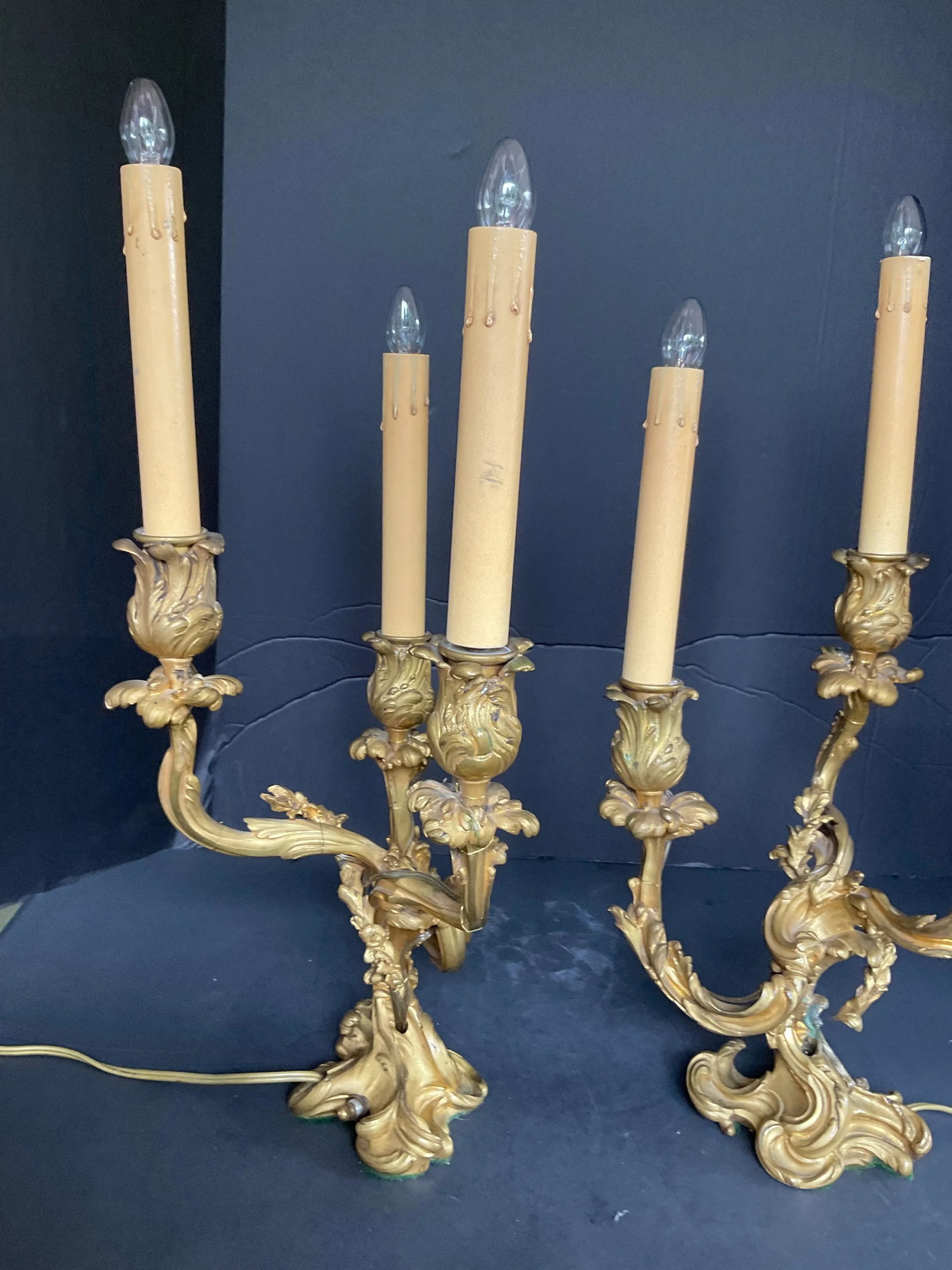 Pair Antique French Gilt Bronze Louis XVI Style Candelabra Lamps Jollet & Cie Paris - 5