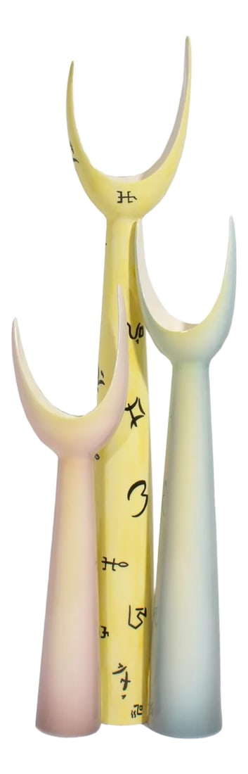 Ottavio Galante Vi. Bi. Torino 1950s Ceramic Vase: A multicolored ceramic sculptural vase designed in the late 1950s by Ottavio Galante for Vi.Bi. Torino. The vase consists of three narrow columns, staggered in height and joined at the foot with