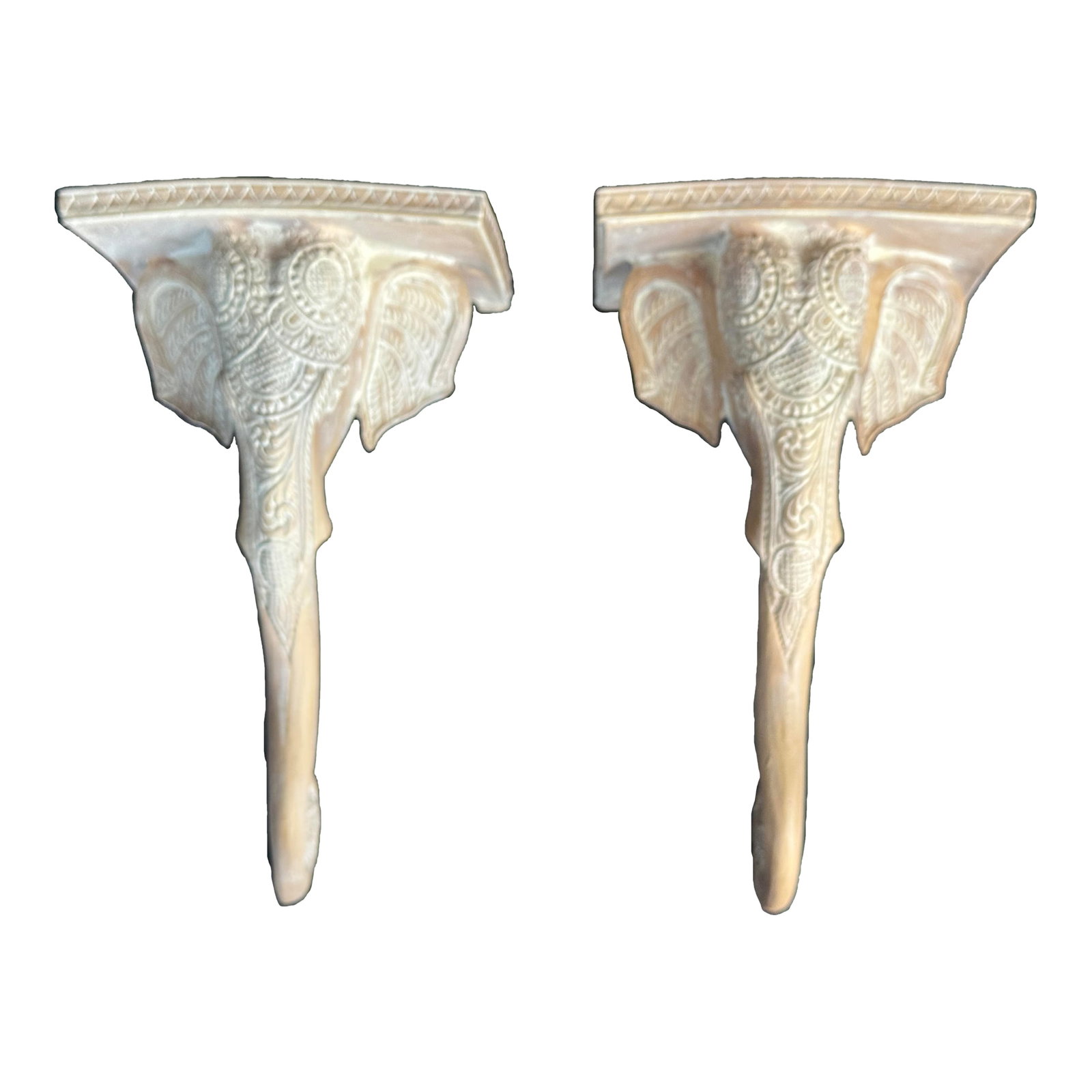 Vintage Regency Sculptural Elephant Carved Wood Wall Brackets Shelf- Set of 2: Amazing and Exquisite pair of sculptural elephant carved wood wall bracket shelves in the style of Gampel-Stoll. With a Hollywood Regency flair and designed with inset hooks for ease of hanging. Condi
