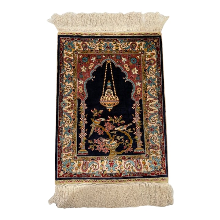 1970s Vintage Ozipek Silk Hereke Textile Art - Mihrab Design: This is an authentic & very good condition Turkish Hereke, made by the famed Ozipek workshop in 13/13 quality, or 169 hand-tied knots per square centimeter. This equates to over 1000+ hand-tied knots 