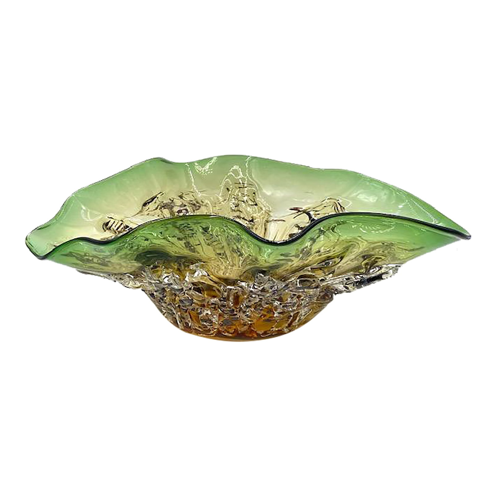 Murano Blown Glass Centerpiece Bowl in Green-Gold-Black Flecks: Rich artistic blown glass centerpiece by renowned artish, Lovina Mass, from historic Murano Cam Vetri d'Arte , a historic furnace and showroom of high-end Murano glass. Shades of olivine green and gol