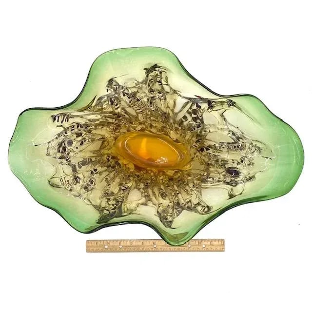 Murano Blown Glass Centerpiece Bowl in Green-Gold-Black Flecks - 2