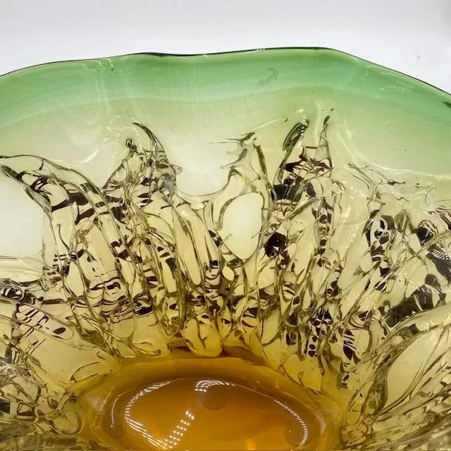 Murano Blown Glass Centerpiece Bowl in Green-Gold-Black Flecks - 3