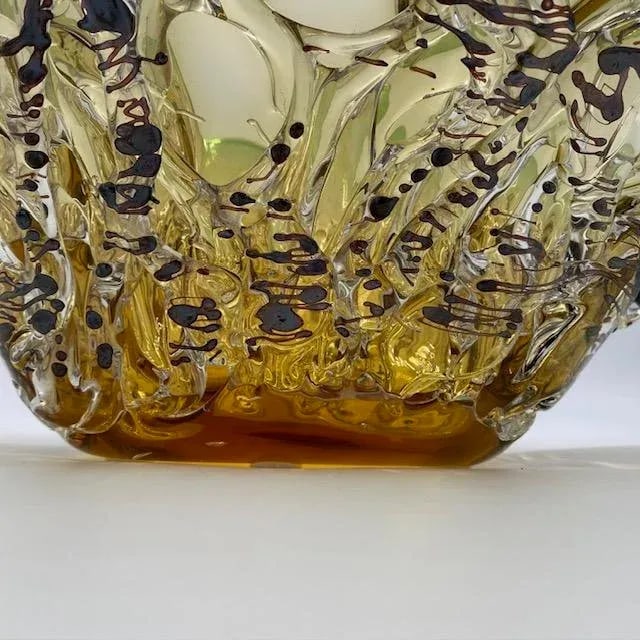 Murano Blown Glass Centerpiece Bowl in Green-Gold-Black Flecks - 6