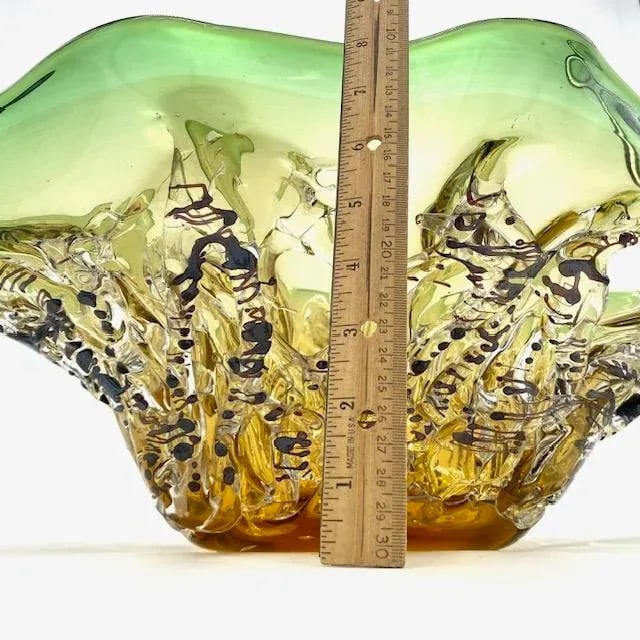 Murano Blown Glass Centerpiece Bowl in Green-Gold-Black Flecks - 7
