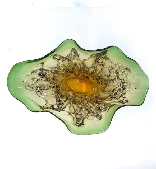 Murano Blown Glass Centerpiece Bowl in Green-Gold-Black Flecks - 8