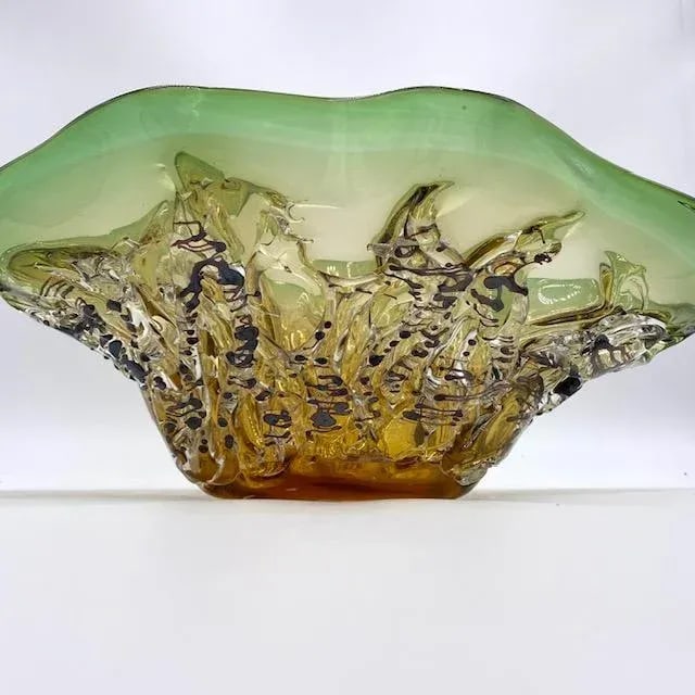 Murano Blown Glass Centerpiece Bowl in Green-Gold-Black Flecks - 9