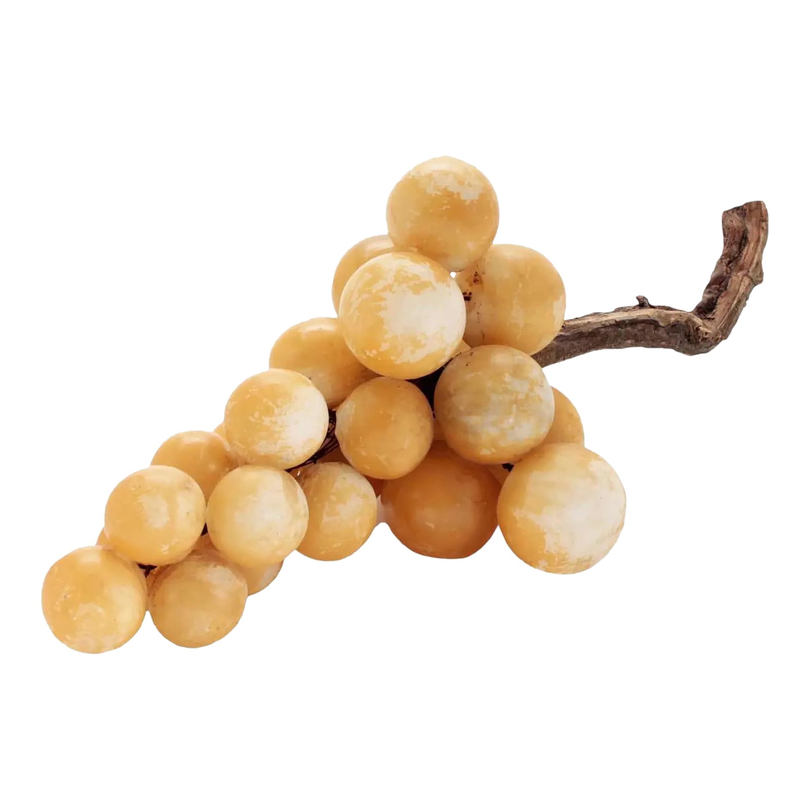 1940s Large Italian Alabaster Grape Sculpture With Natural Vine Stem: From my personal collection of over 100 alabaster grapes from Italy is this important and rather large specimen. Popularly brought back to the USA from trips abroad as souvenirs, I've acquired them