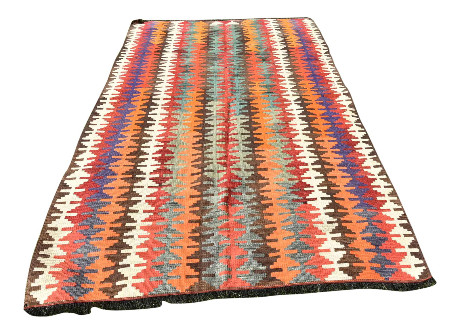 1950s Turkish Flamestic Design Colorful Oushak Kilim Rug: Size: 4.9 x 9.3 ft ( 150 x 285 cm) 59 x 112 inches Color: Red, White, Blue, Brown, Orange Material: 100% Wool Fast Shipping: Delivery in 1-3 Business Days. All rugs are handwoven by traditional tribes